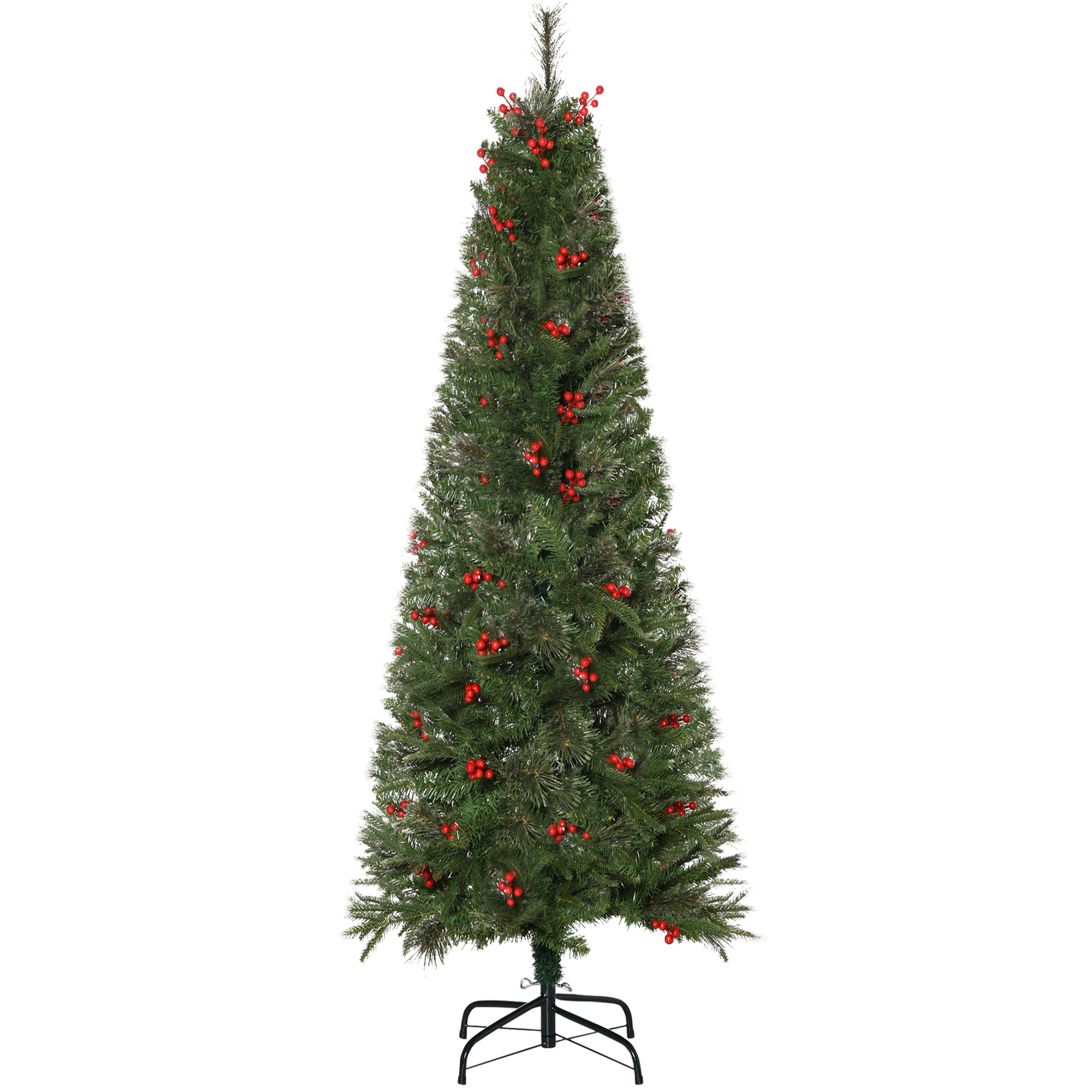 HOMCOM 7ft Pencil Artificial Christmas Tree with Realistic Branches, Red Berries, Auto Open, Green