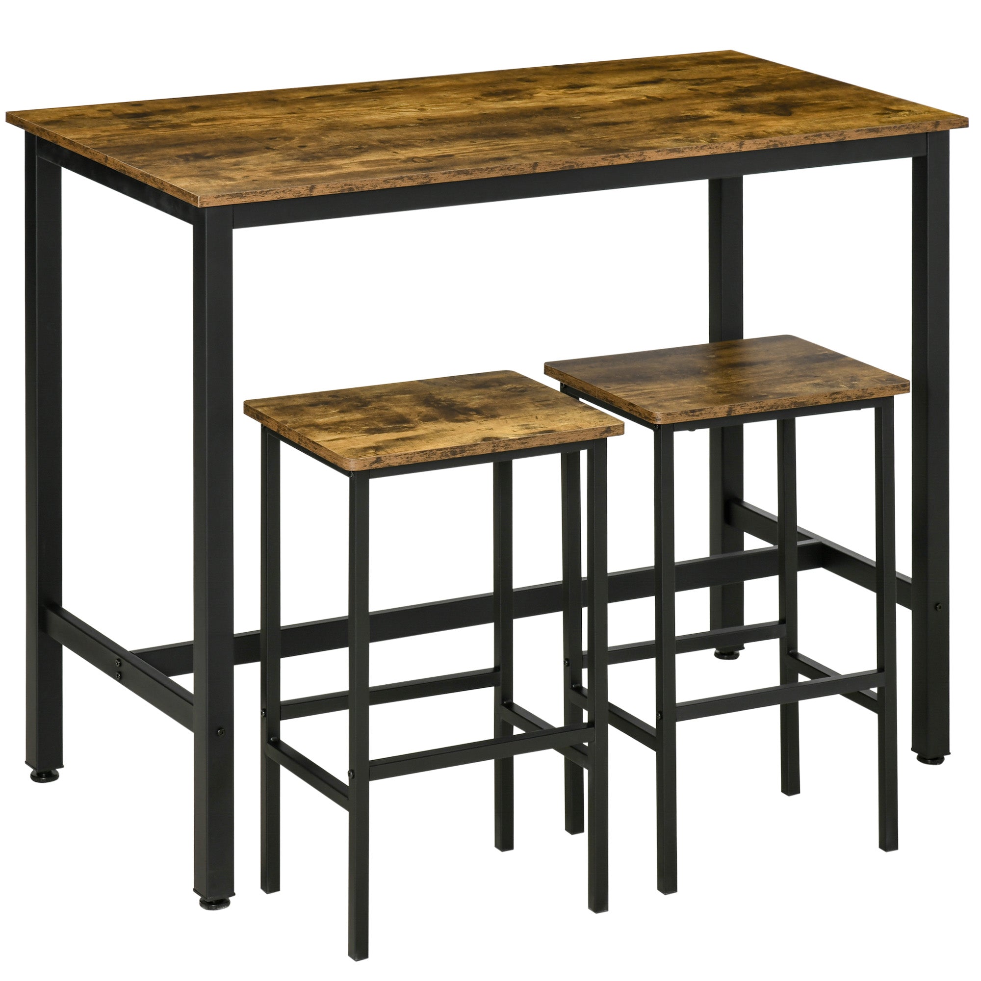 HOMCOM Industrial Bar Table Set, Breakfast Table with 2 Stools, 3-Piece Counter Height Dining Table & Chairs for Kitchen, Living Room, Rustic Brown - North Peak Garden Furniture