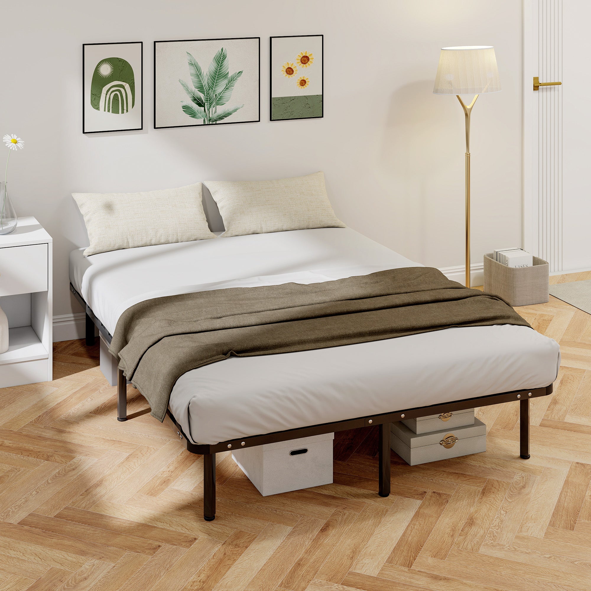 HOMCOM 4ft6 Double Bed Frame, Metal Platform Bed Frame with 2 x 14 Wood Slats, No Box Spring Needed, Underbed Storage, Black