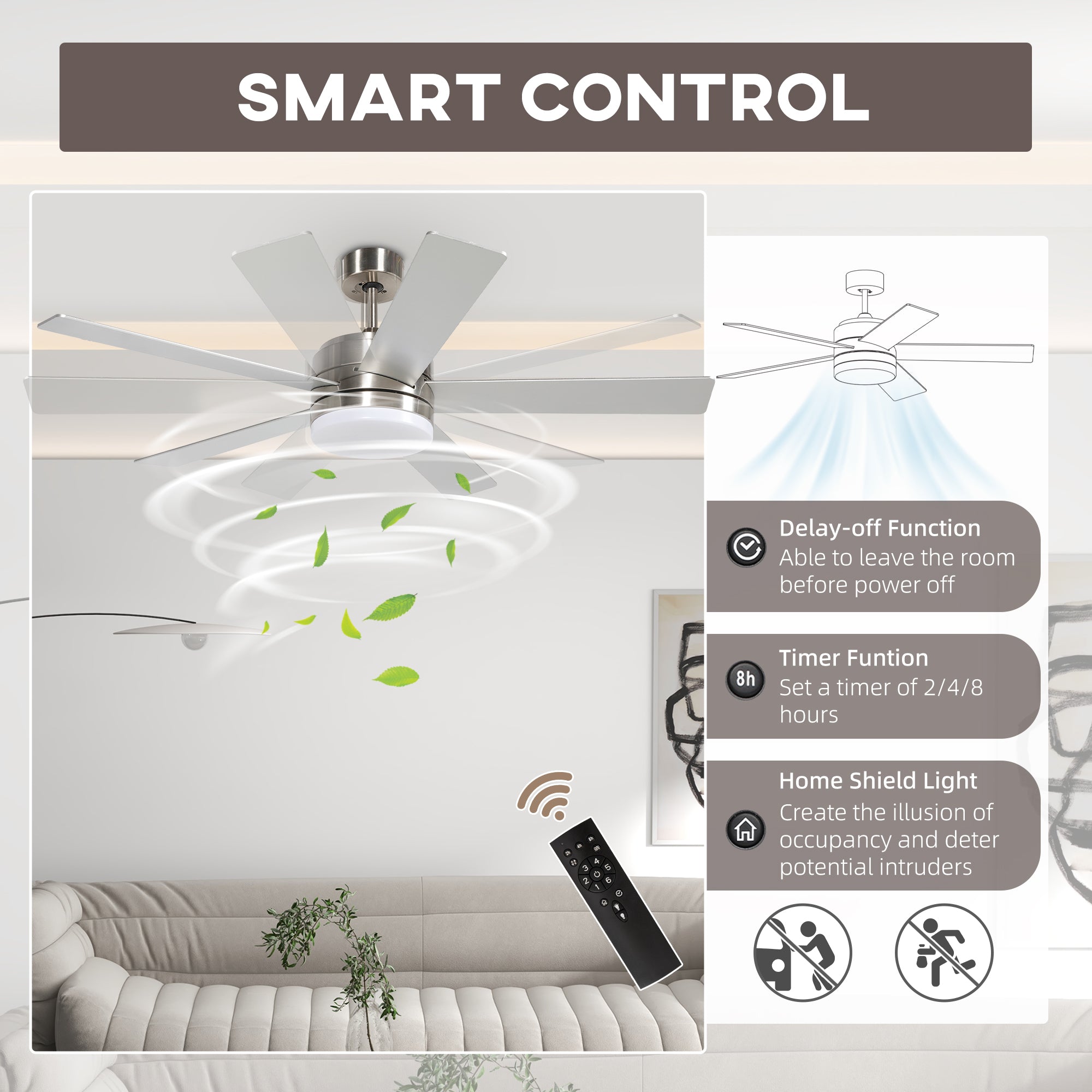 HOMCOM 52" Ceiling Fans with Light and Remote, 132CM LED Ceiling Fan with 5 Blades, 5-Speed, Timer, Quiet Reversible DC Motor, for Bedroom, Living Room, Silver and Beech Wood-effect