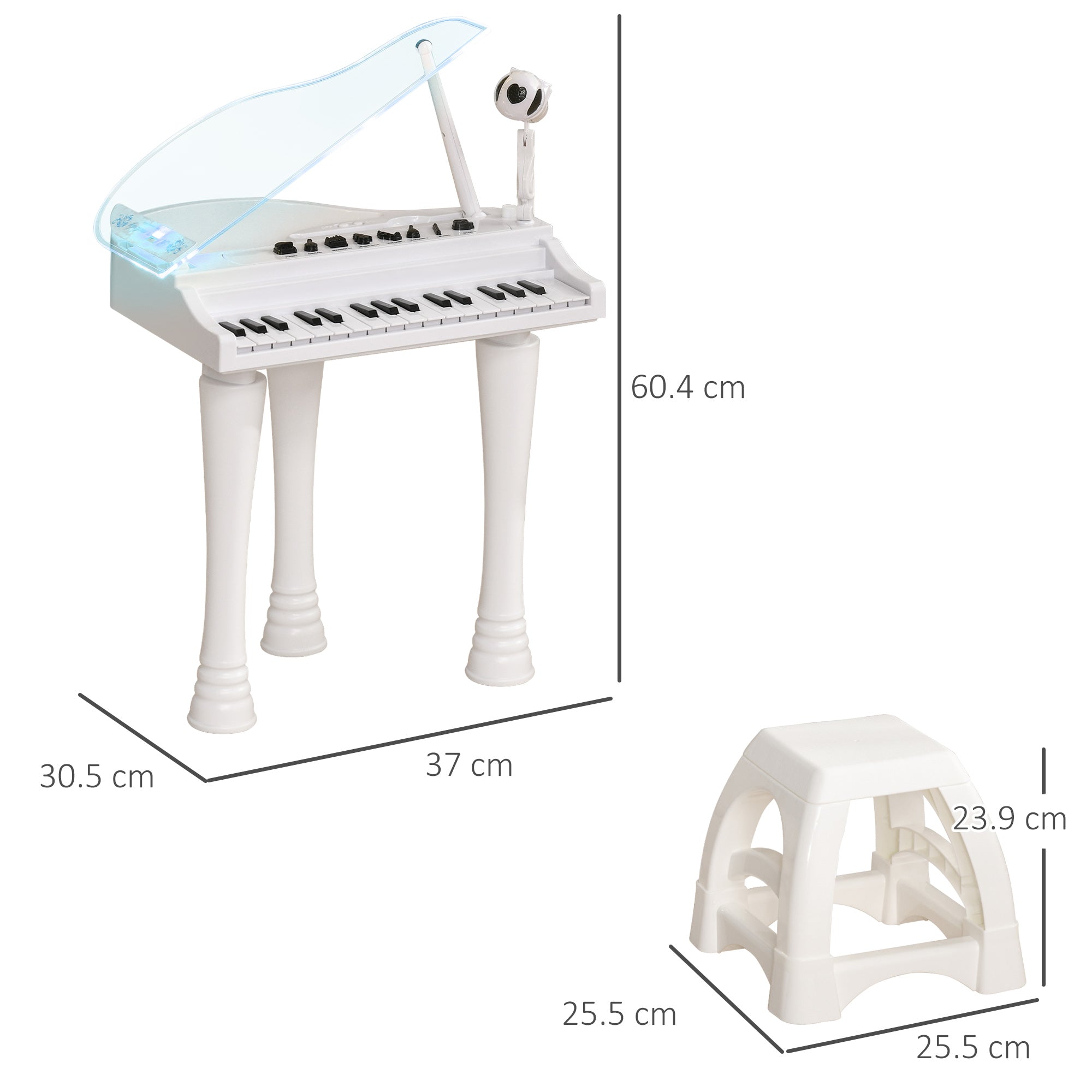 AIYAPLAY 32-Key Kids Piano Keyboard, with Stool, Lights, Microphone, Sounds, Removable Legs - White - North Peak Garden Furniture