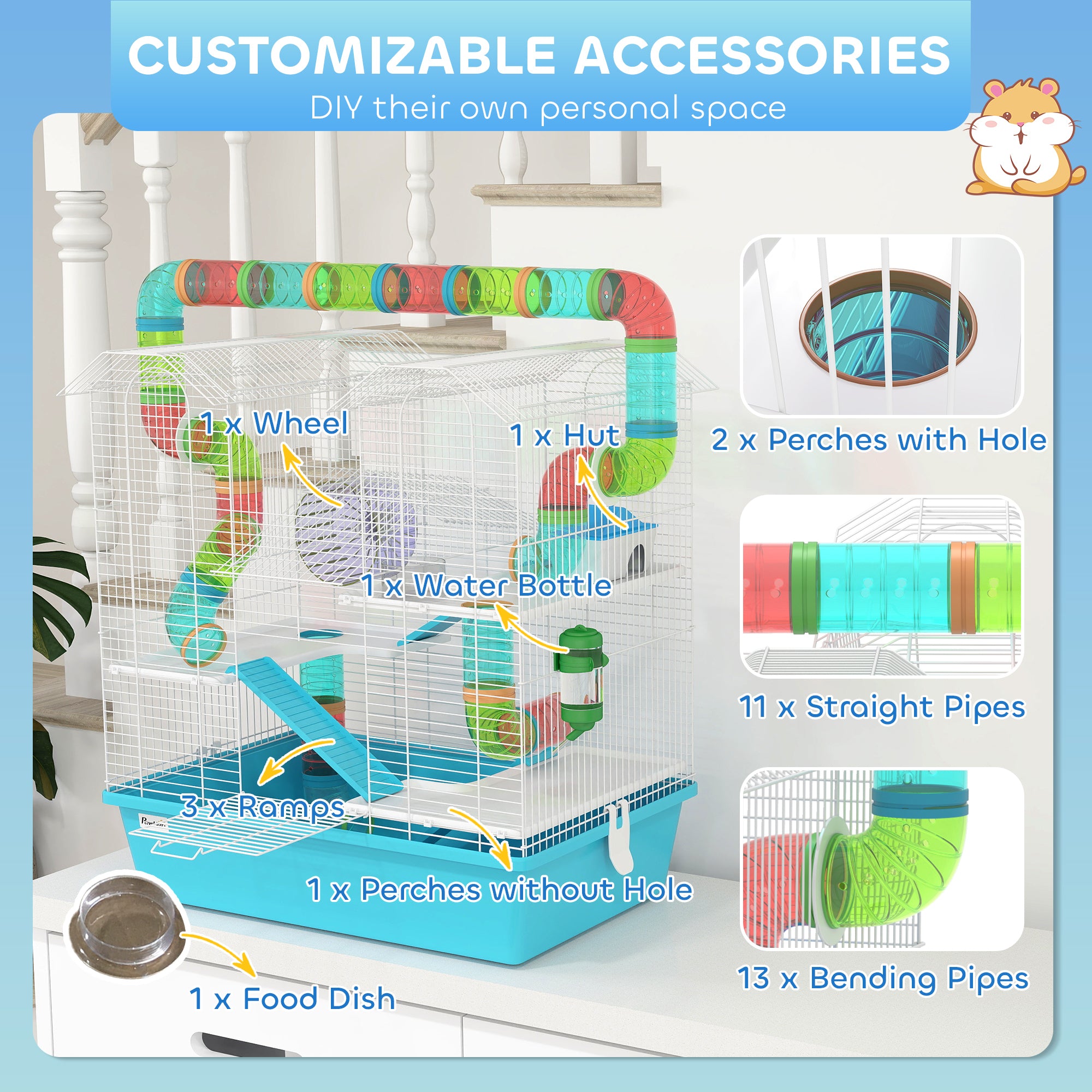 PawHut 4 Tier Hamster Cage w/ Tubes, Exercise Wheel, Hut, Water Bottle, Food Dish, Ramps, for Drawf, 58 x 36 x 65cm, Light Blue