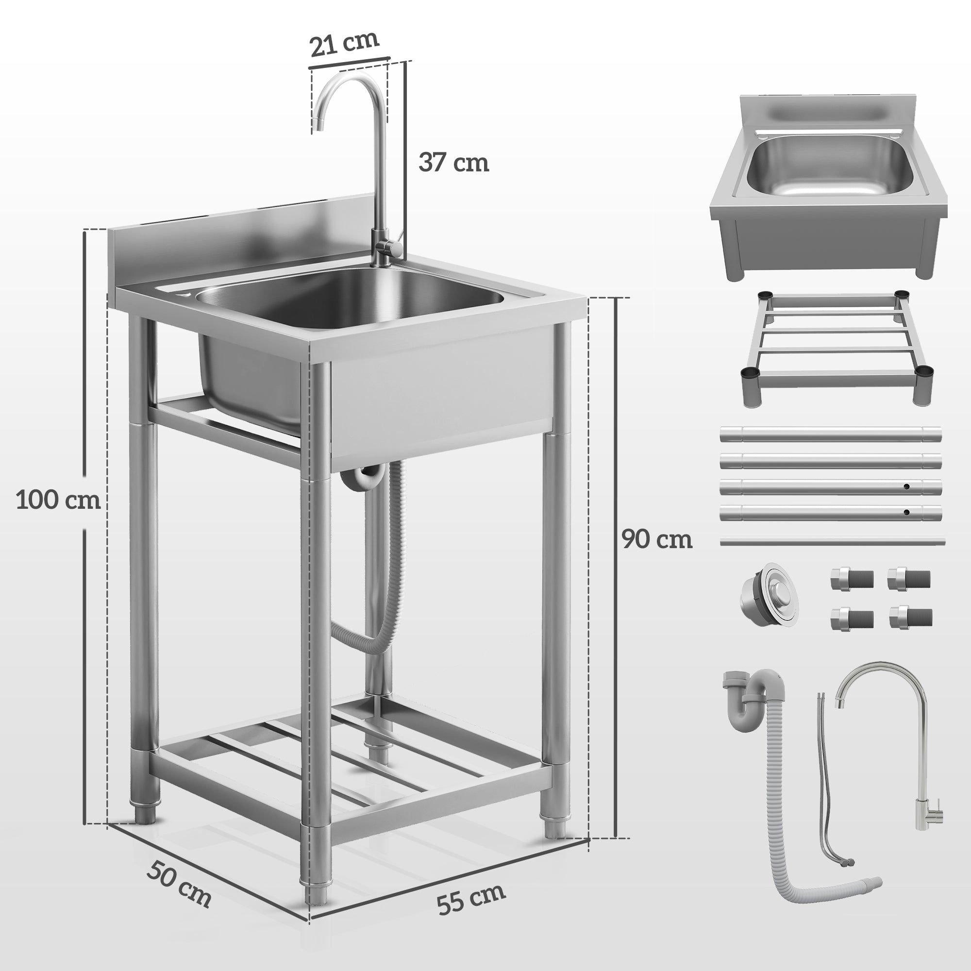 HOMCOM Outdoor Utility Sink, Stainless Steel Free Standing Single Bowl Kitchen Sink with Cold and Hot Water Pipe and Storage Shelf for Laundry Garage, 55 x 50 x 100 cm