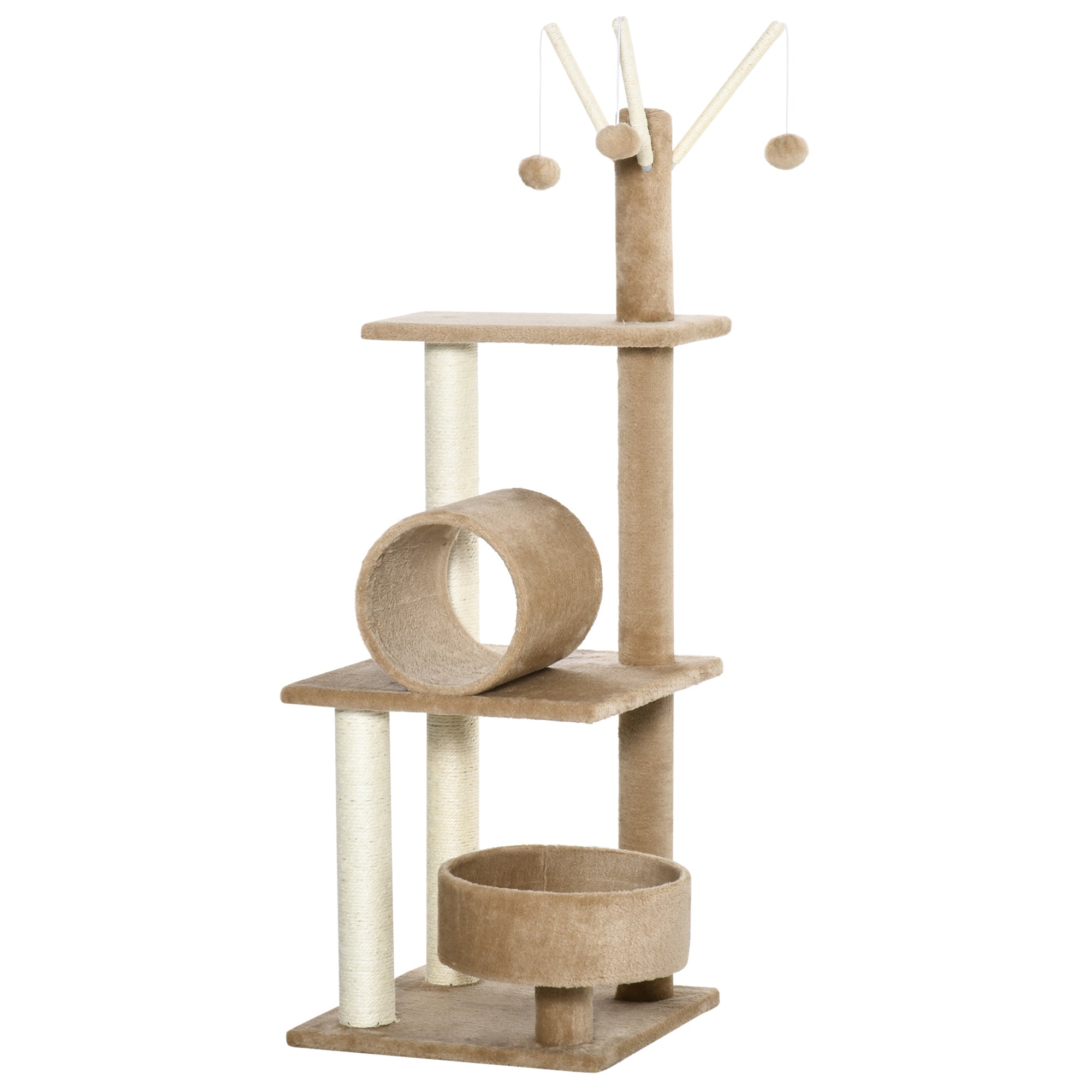 PawHut 121cm Cat Tree Tower for Indoor Cats Kitten Activity Centre Scratching Post with Bed Tunnel Perch Interactive Ball Toy Brown - North Peak Garden Furniture