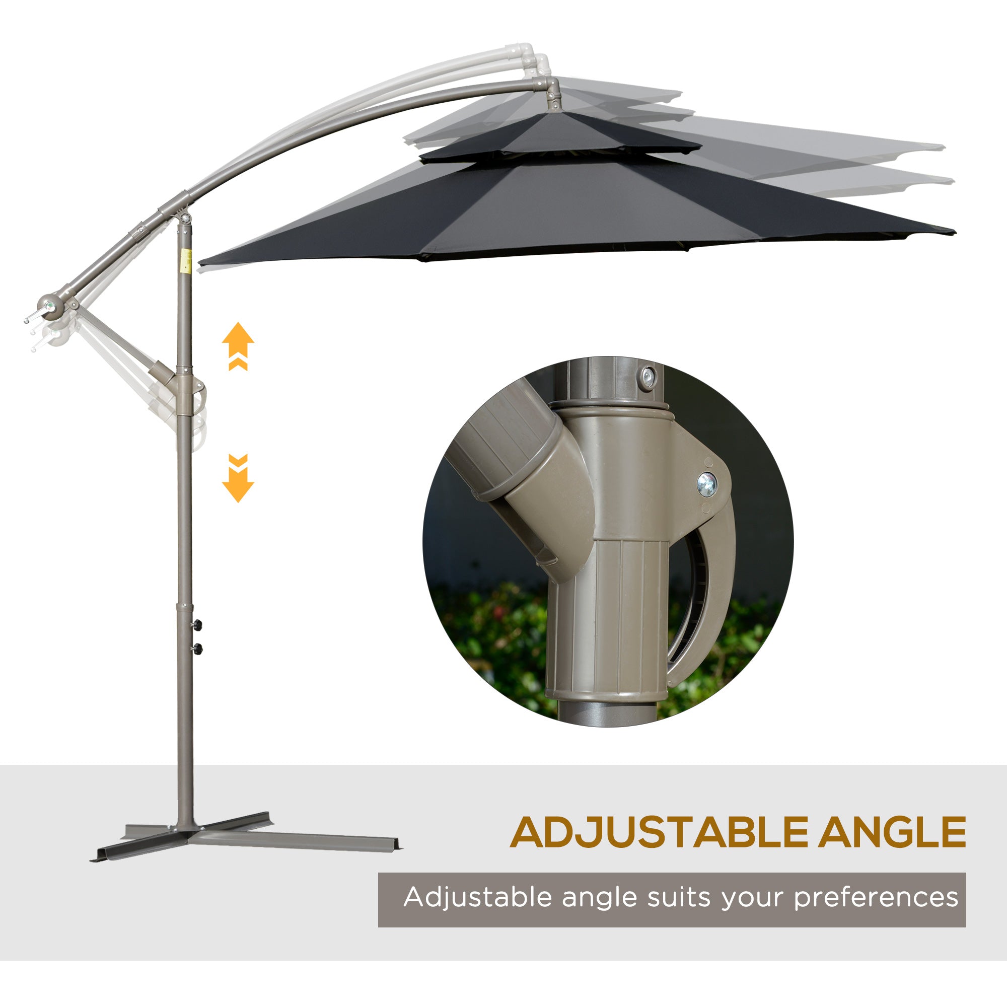 Outsunny 2.7m Banana Parasol Cantilever Umbrella with Crank Handle, Double Tier Canopy and Cross Base for Outdoor, Hanging Sun Shade, Black - North Peak Garden Furniture