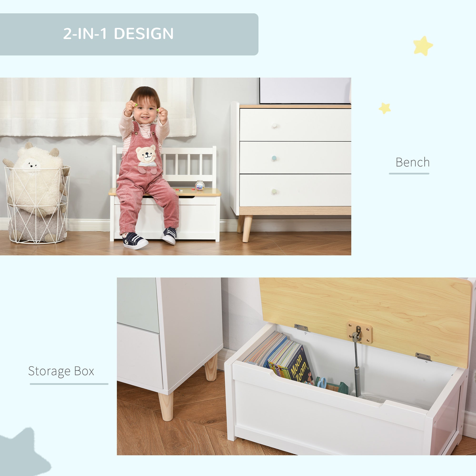 HOMCOM 2 In 1 Wooden Toy Box, Seat Storage Bench, Storage Chest Cabinet Organiser, with Safety Pneumatic Rod - North Peak Garden Furniture