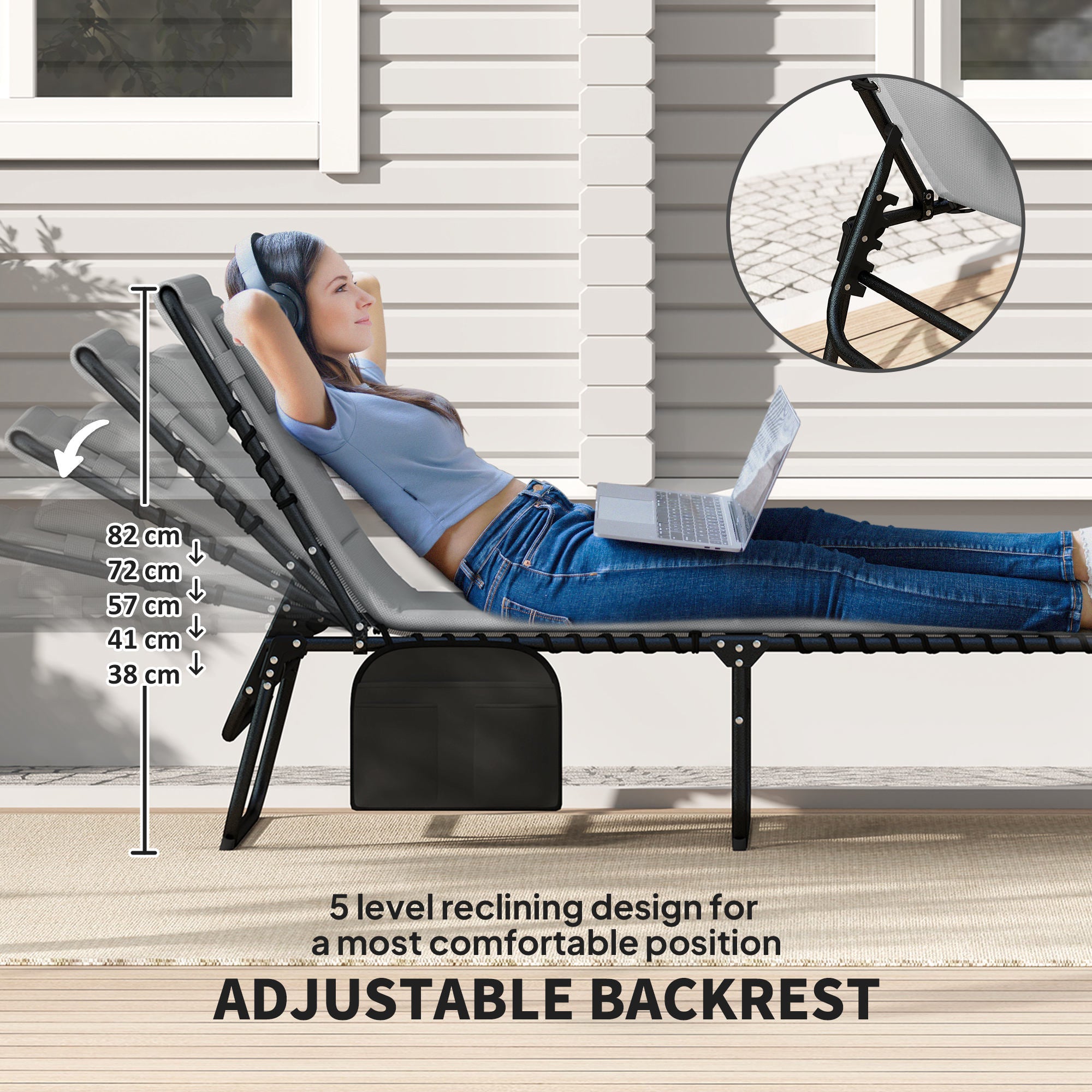 Outsunny Set of Two Reclining Sun Loungers - Charcoal Grey