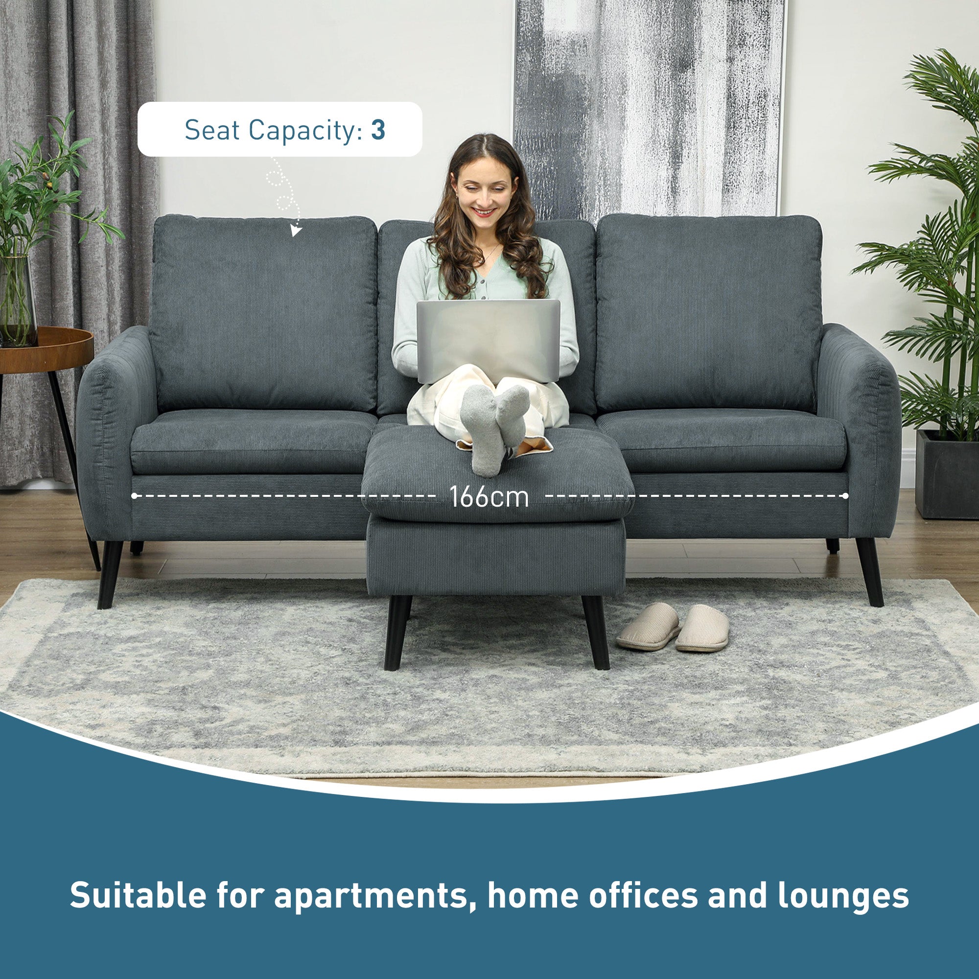 HOMCOM Corner Sofa with Reversible Chaise Lounge, Corduroy Fabric 3 Seater Sofa Settee for Living Room, L Shaped Couch with Scatter Back, Left/Right Hand, Charcoal Grey - North Peak Garden Furniture