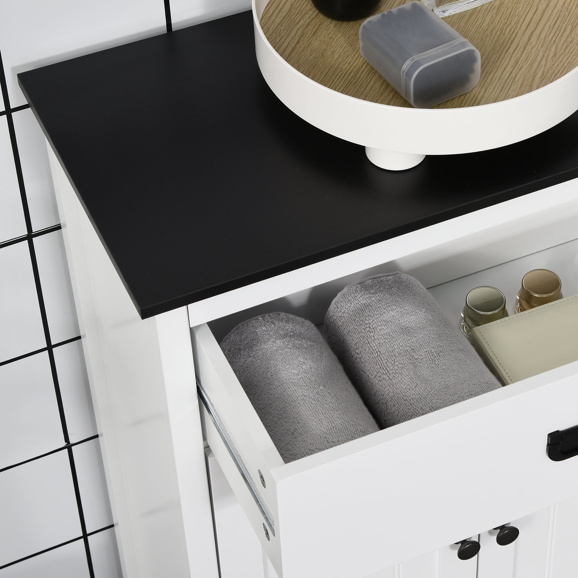 kleankin Bathroom Cabinet, Bathroom Storage Unit with Drawer, Double Door Cabinet, Adjustable Shelf for Living Room, White - North Peak Garden Furniture