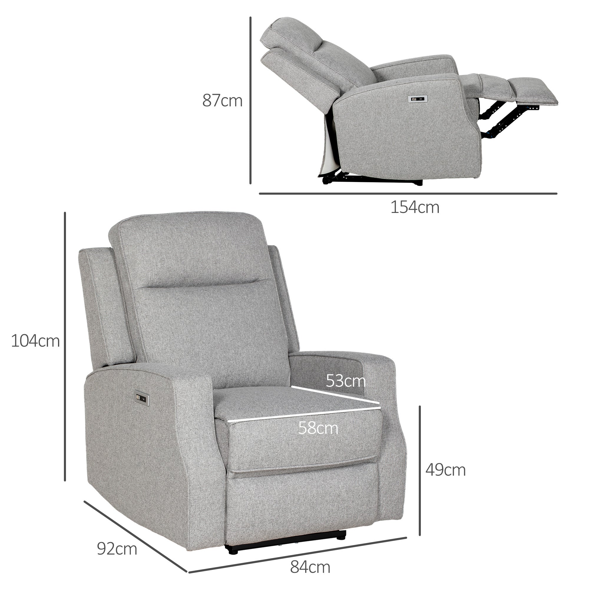 HOMCOM 150° Electric Reclining Chair, with USB port and Footrest - Grey - North Peak Garden Furniture
