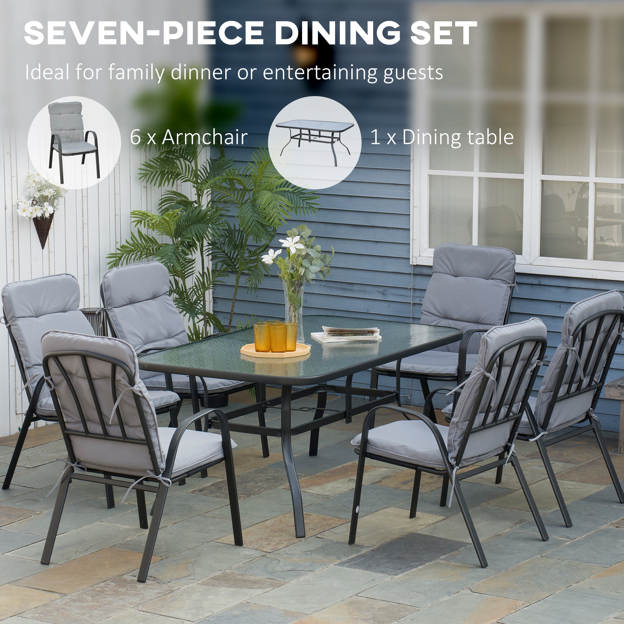 Outsunny 7 Piece Garden Dining Set, Outdoor Dining Table and 6 Cushioned Armchairs, Tempered Glass Top Table w/ Umbrella Hole, Texteline Seats, Grey - North Peak Garden Furniture