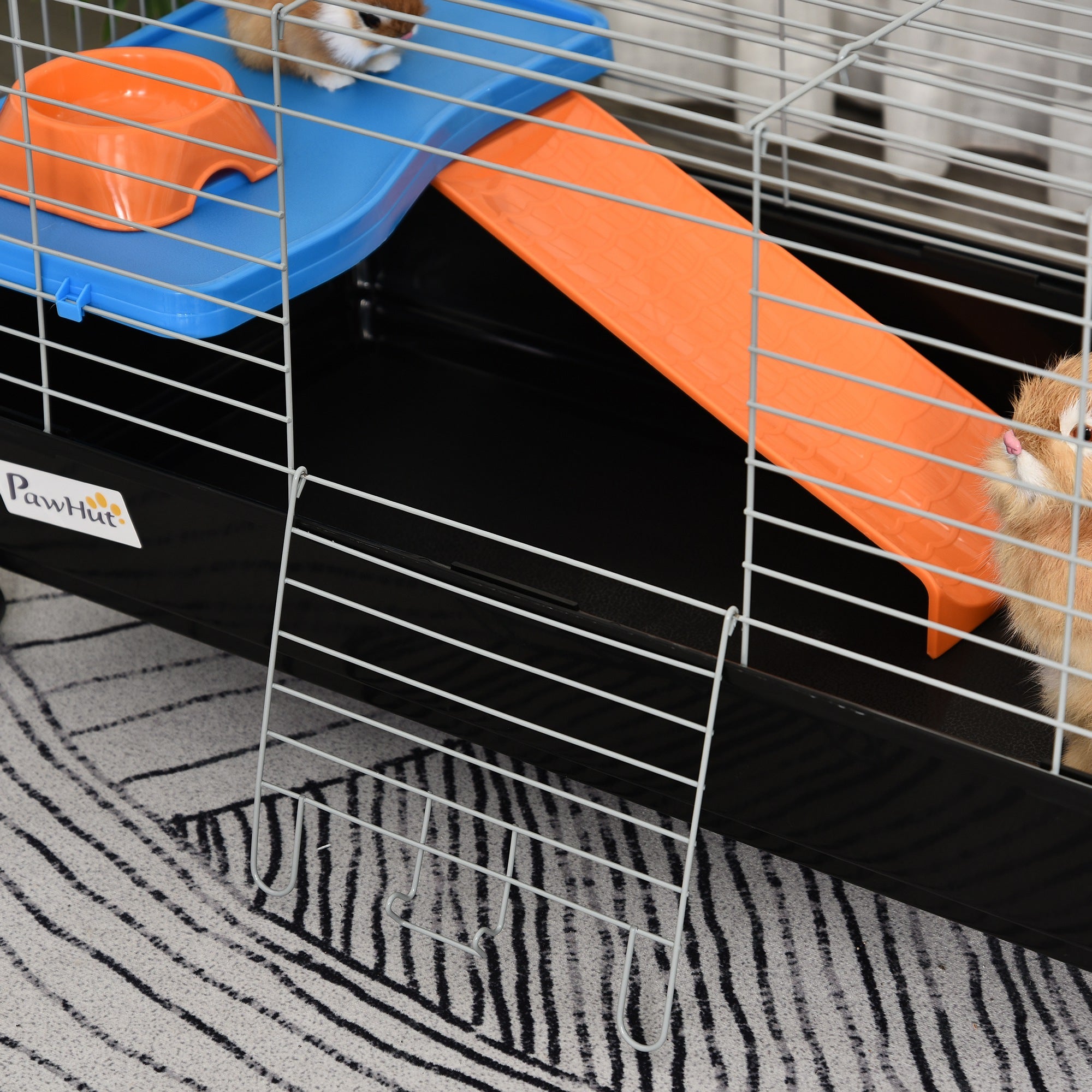 PawHut Small Animal Cage Rabbit Guinea Pigs Chinchillas Cage w/ Wheels Water Bottle Food Dish Platform Ramp 89 x 44 x 43 cm Black - North Peak Garden Furniture