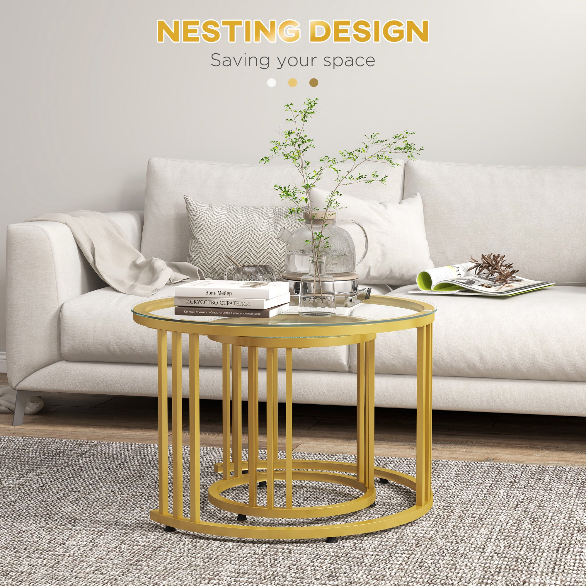 HOMCOM Round Coffee Tables Set of 2, Nesting Tables with Tempered Glass Top and Steel Frame, 60cmx60cmx47cm, Gold Tone - North Peak Garden Furniture