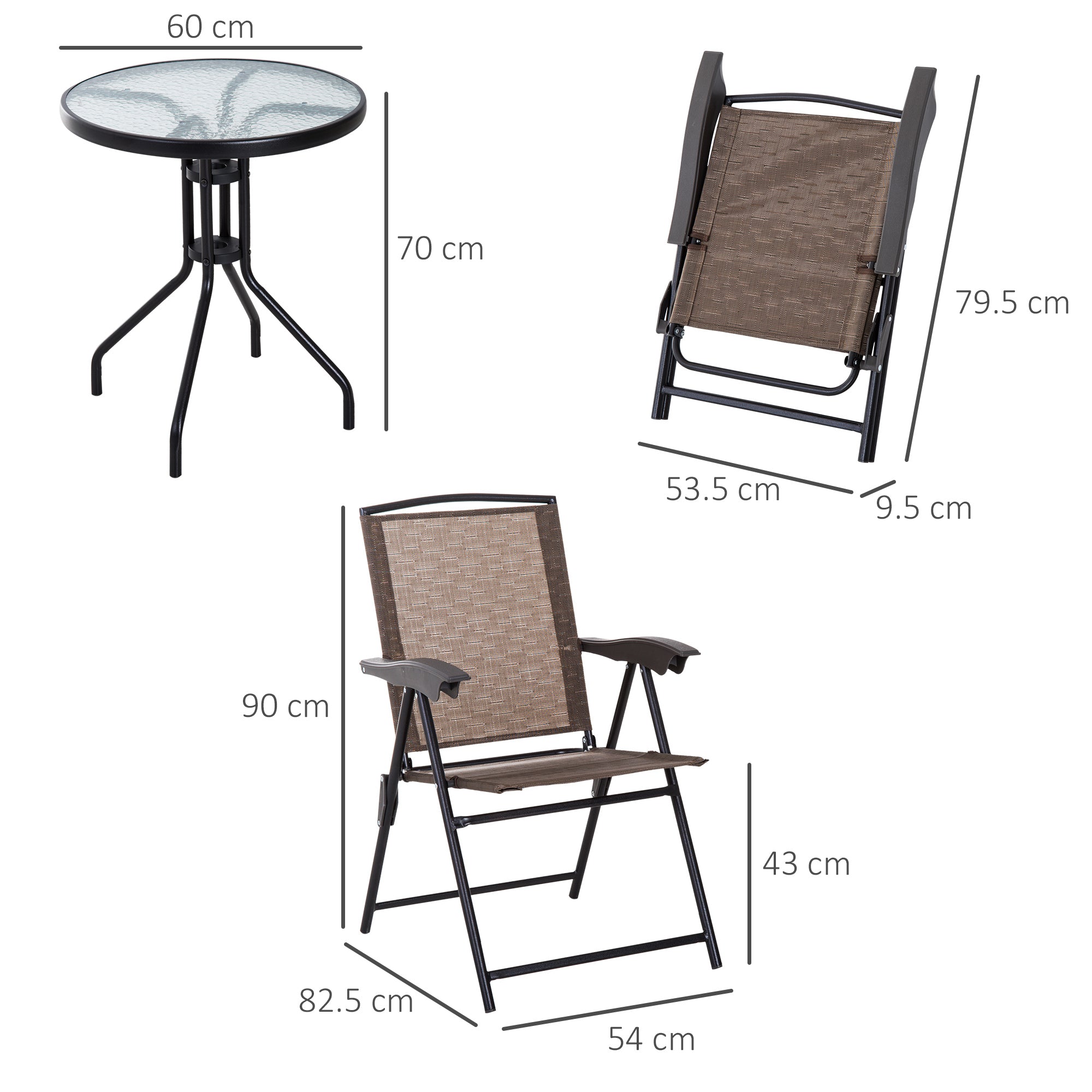 Outsunny 3 Piece Outdoor Bistro Set, Patio Conversation Furniture Set with 2 Folding Backrest Adjustable Armchairs and Glass Top Coffee Table, Brown - North Peak Garden Furniture