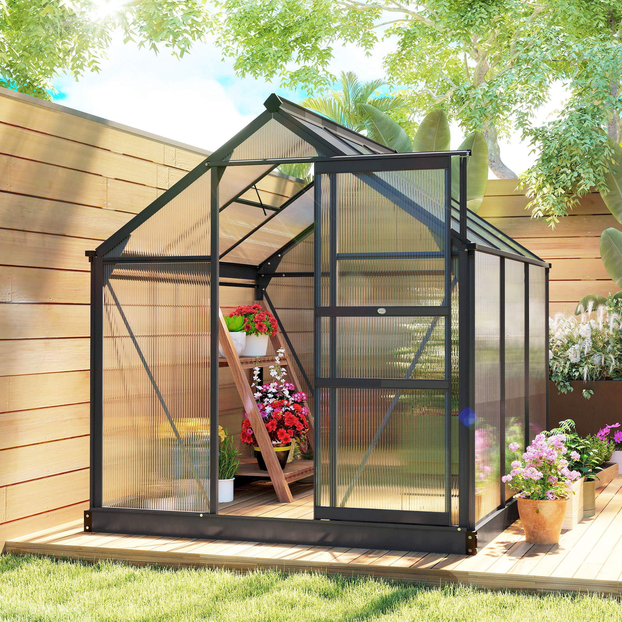 Outsunny 6 x 6ft Polycarbonate Greenhouse, Large Walk-In Green House with Slide Door and Window, Garden Plants Grow House with Aluminium Frame and Foundation, Grey