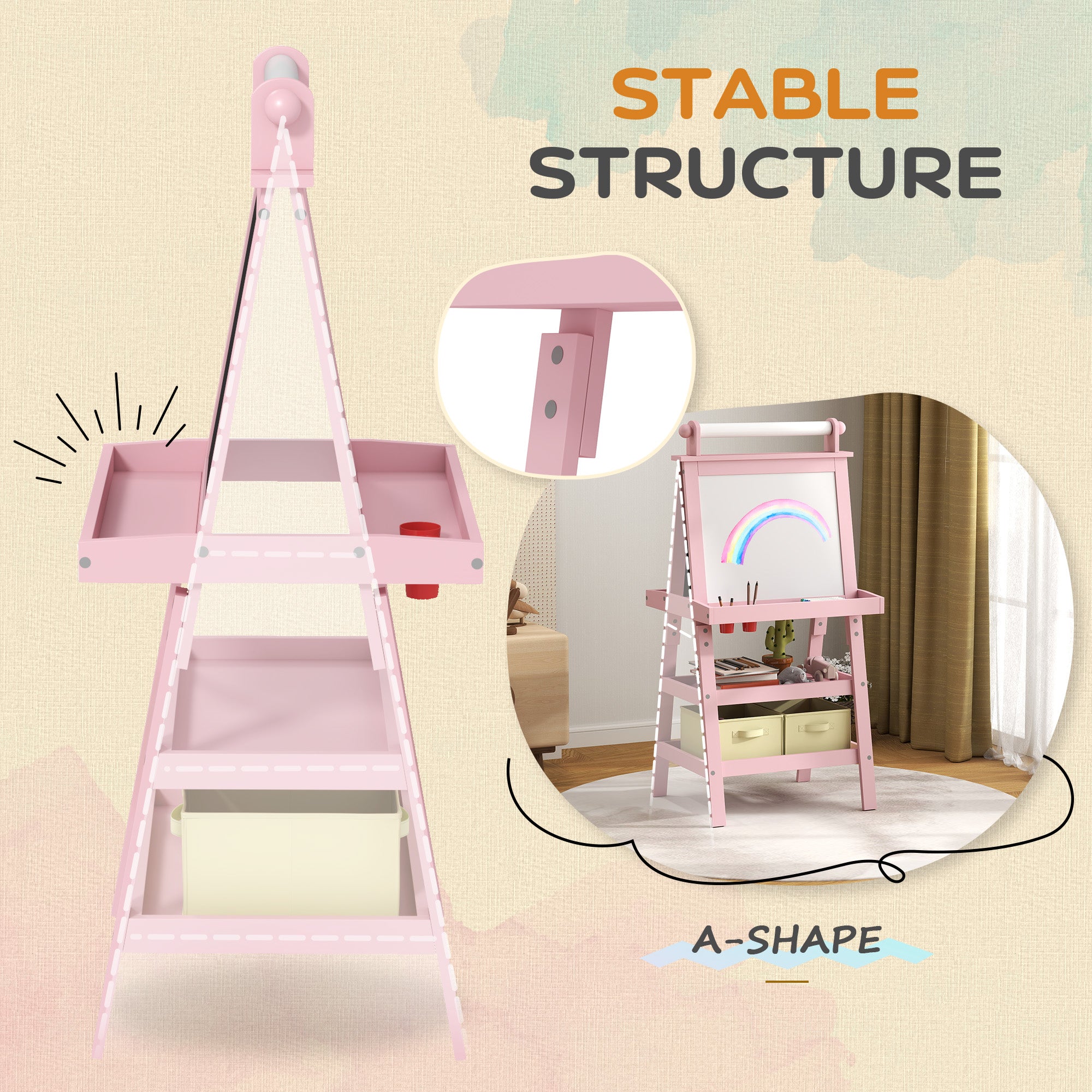 AIYAPLAY 3 in 1 Kids Easel Double-Sided Magnetic Whiteboard and Chalkboard with Paper Roll, Storage Baskets - Pink - North Peak Garden Furniture