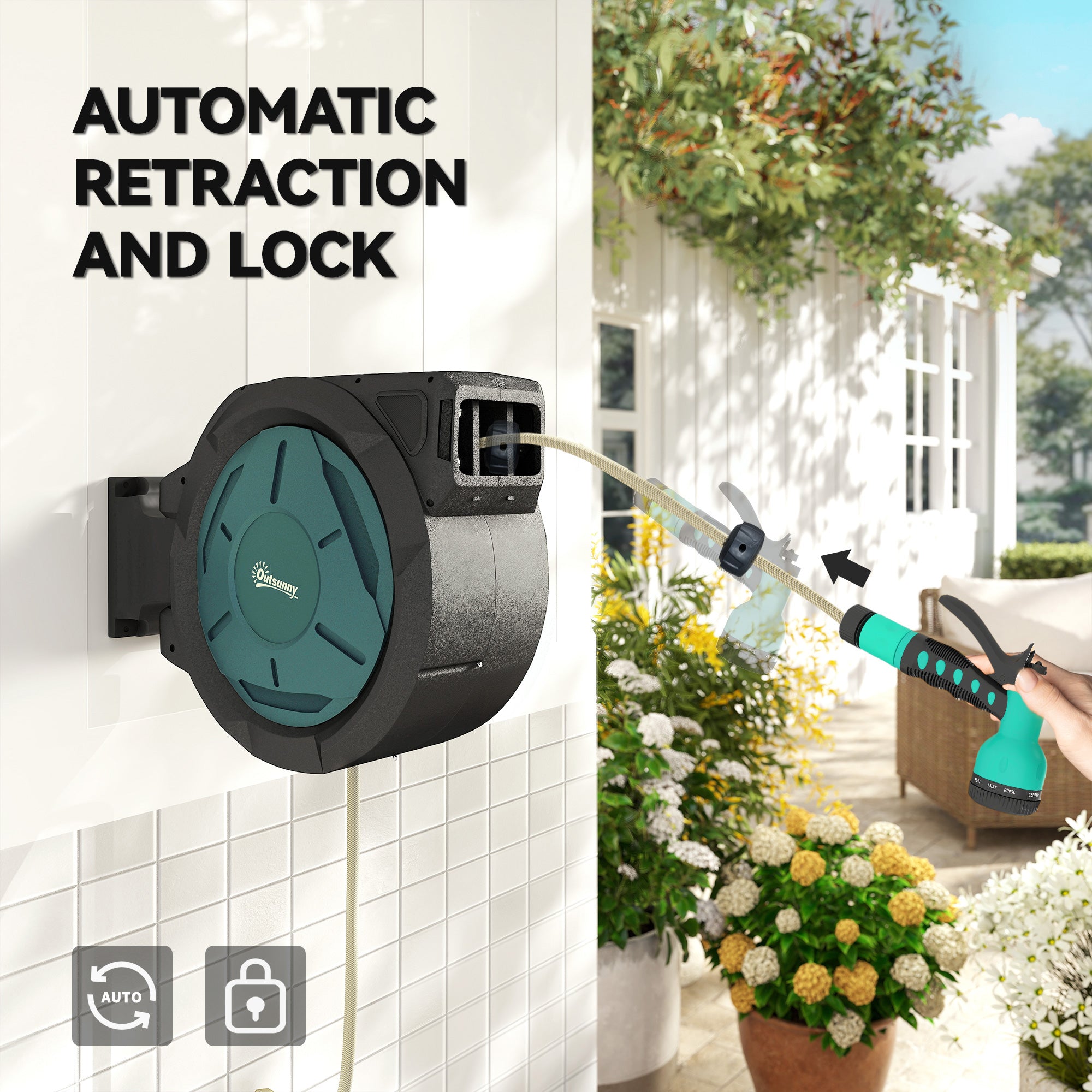Outsunny Retractable Hose Reel Wall Mounted, 20+2m Garden Hose Pipe Reel with Lock, Auto Rewind, 7 in 1 Spray Nozzle, Includes Wall Fixings, 180° Swivel, Outdoor Watering, 59 x 20 x 39 cm, Black