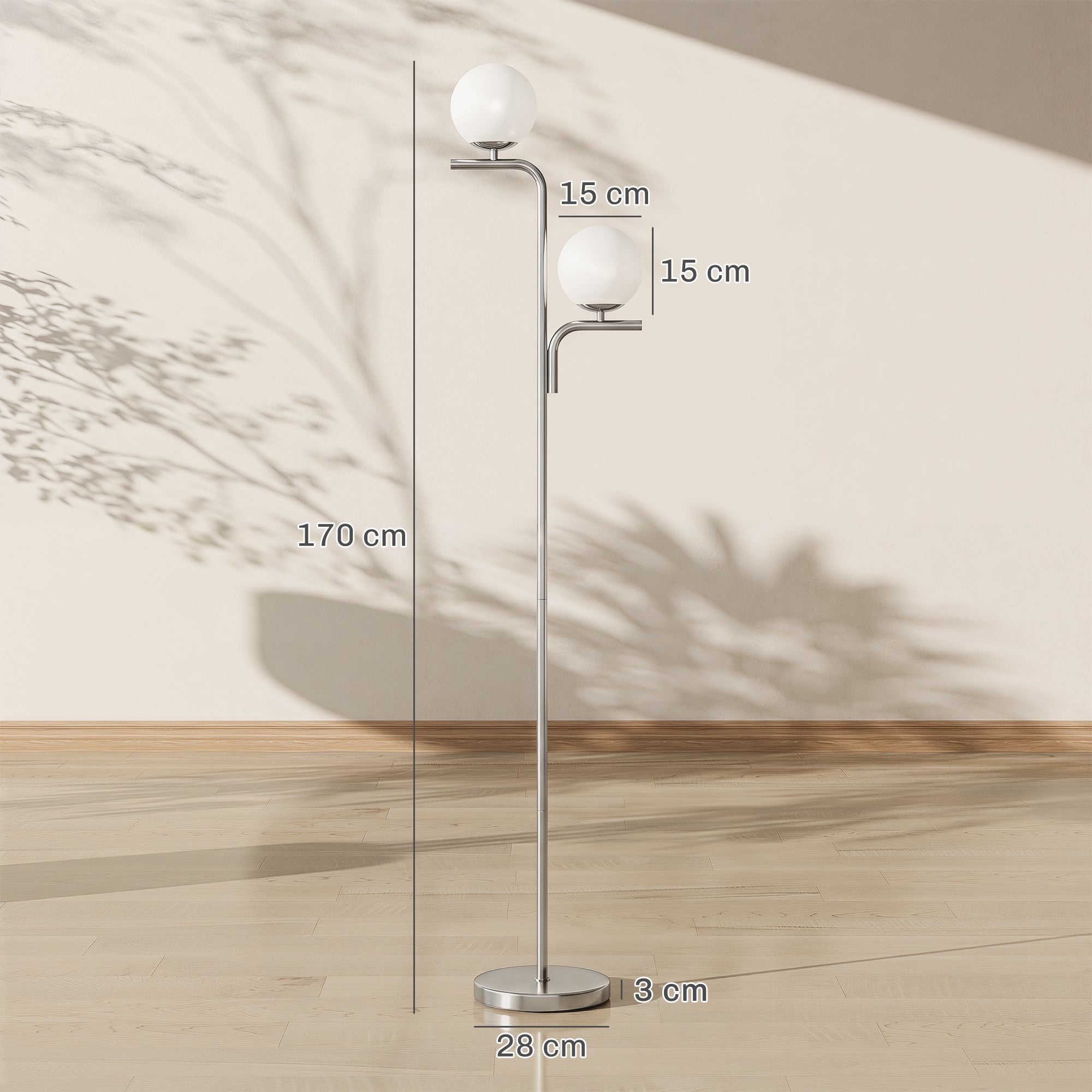 HOMCOM LED Floor Lamp, Modern Standing Lamp with 3 Colour Temperatures, Globe Glass Shades and Foot Switch, Silver Tone