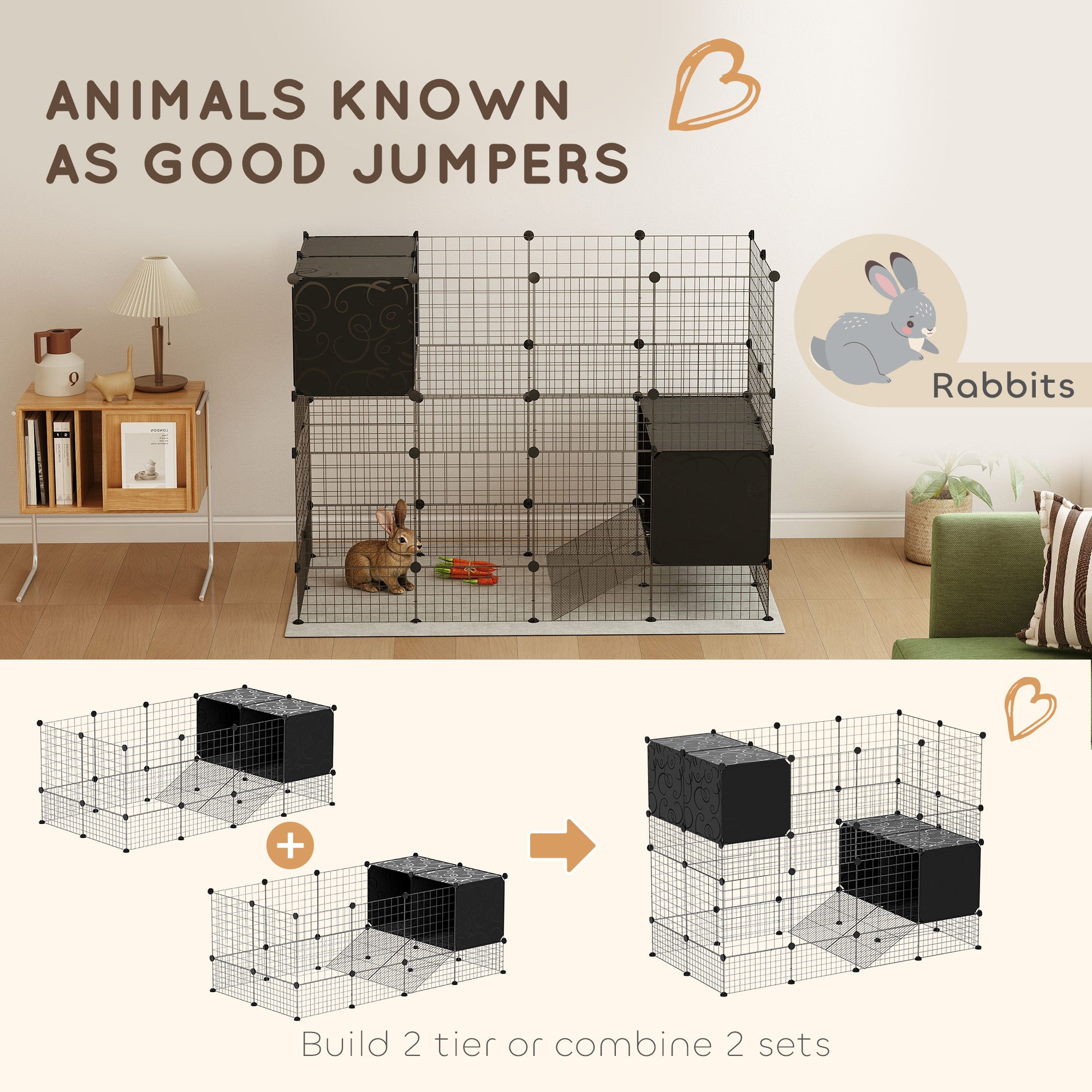 PawHut DIY Small Animal Cage with Elevated Huts, C&C Cage for Guinea Pigs, Hedgehogs, Rabbits, 31 Panels, Black - North Peak Garden Furniture