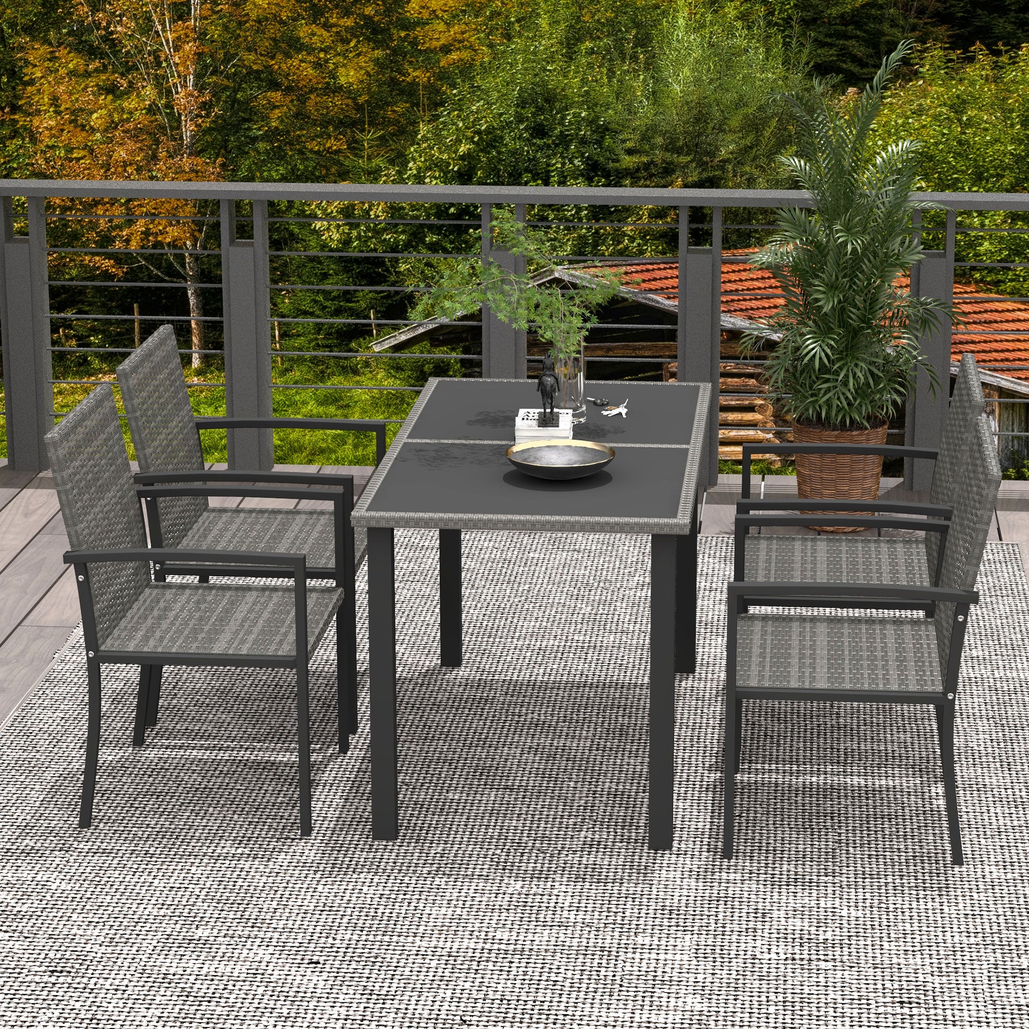 Outsunny Outdoor Dining Set 5 Pieces Patio Conservatory with Tempered Glass Tabletop,4 Dining Chairs - Grey - North Peak Garden Furniture