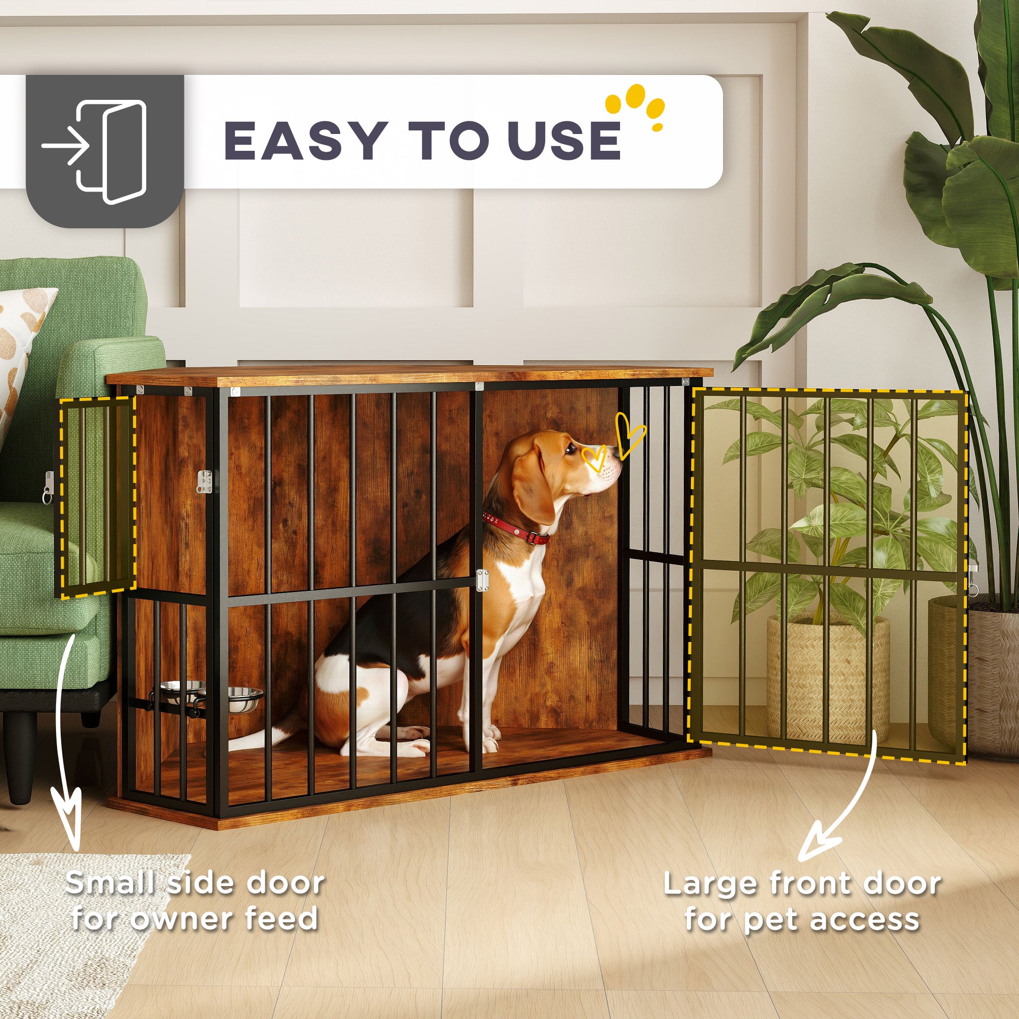 PawHut Corner Dog Crate Furniture with 2 Bowls, Lockable Doors, for Small Medium Dogs, Rustic Brown