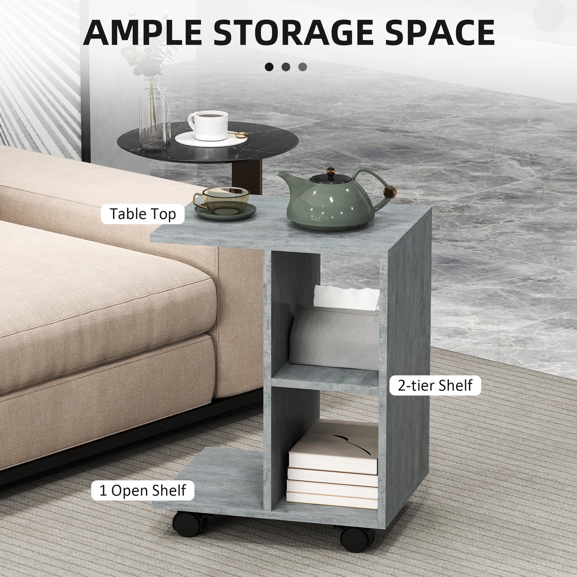 HOMCOM C-Shape End Table Unique Storage Unit w/ 2 Shelves 4 Wheels Freestanding Home Office Furniture Cabinet Square Studio Grey - North Peak Garden Furniture