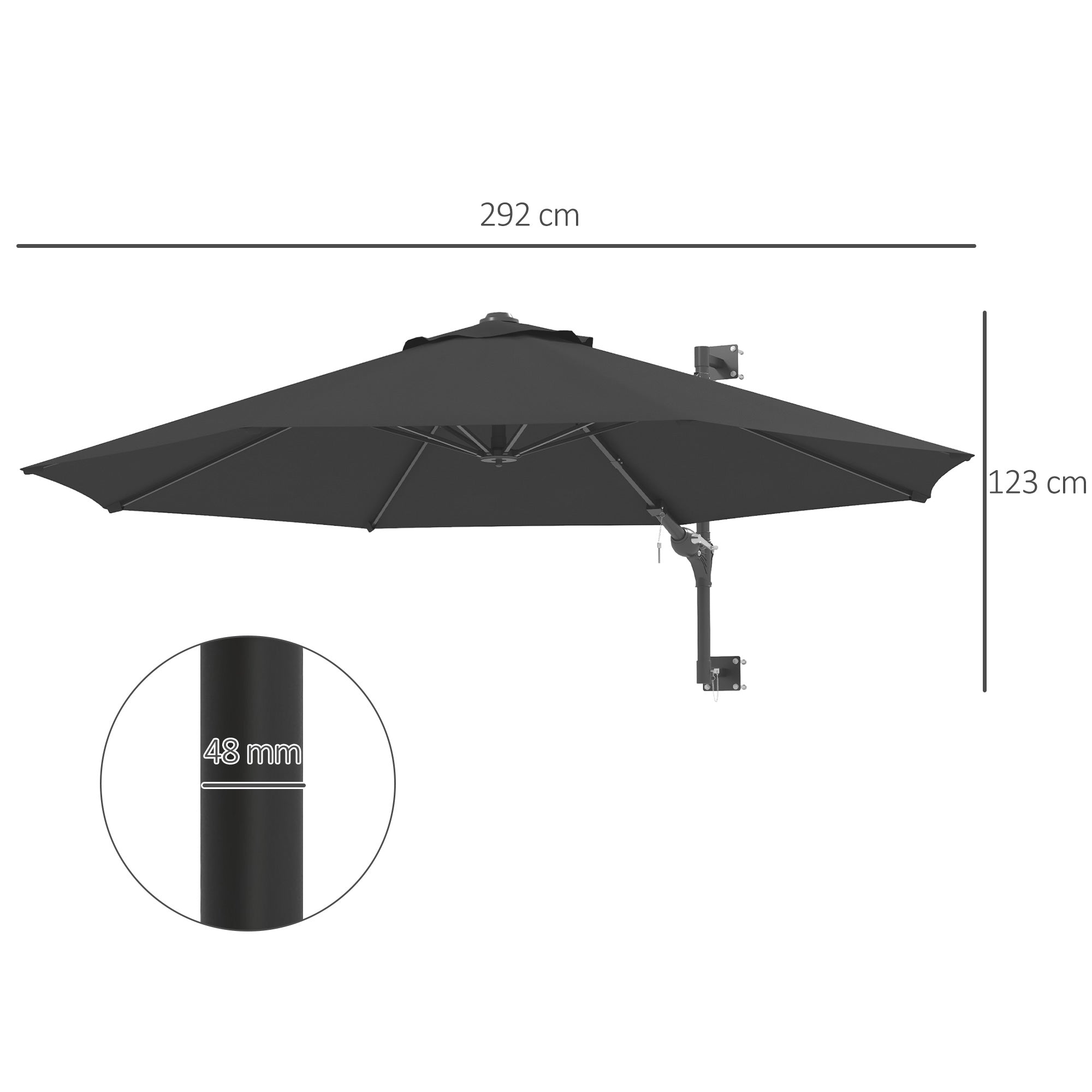 Outsunny 3m Wall-Mounted Parasol Shade, with Handle - Grey - North Peak Garden Furniture