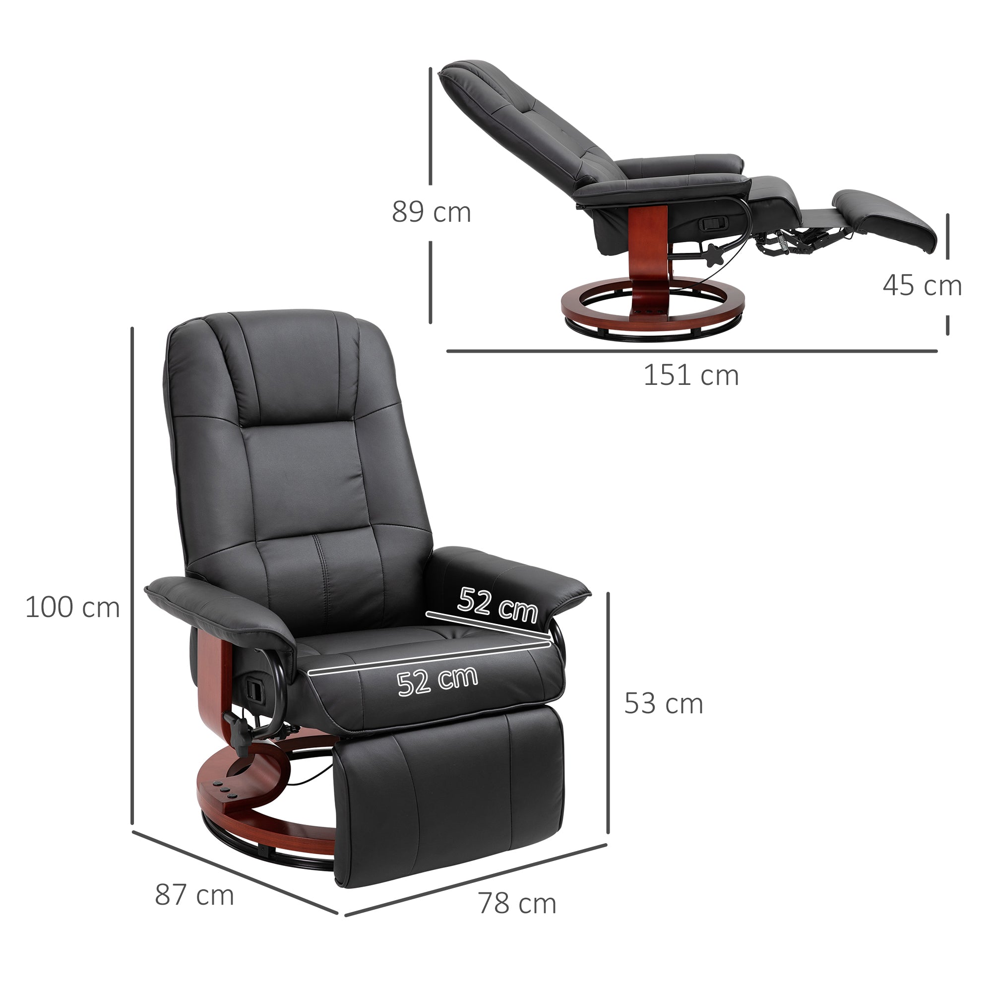 HOMCOM Manual Recliner Chair Armchair Sofa with Faux Leather Upholstered Wooden Base for Living Room Bedroom, Black - North Peak Garden Furniture