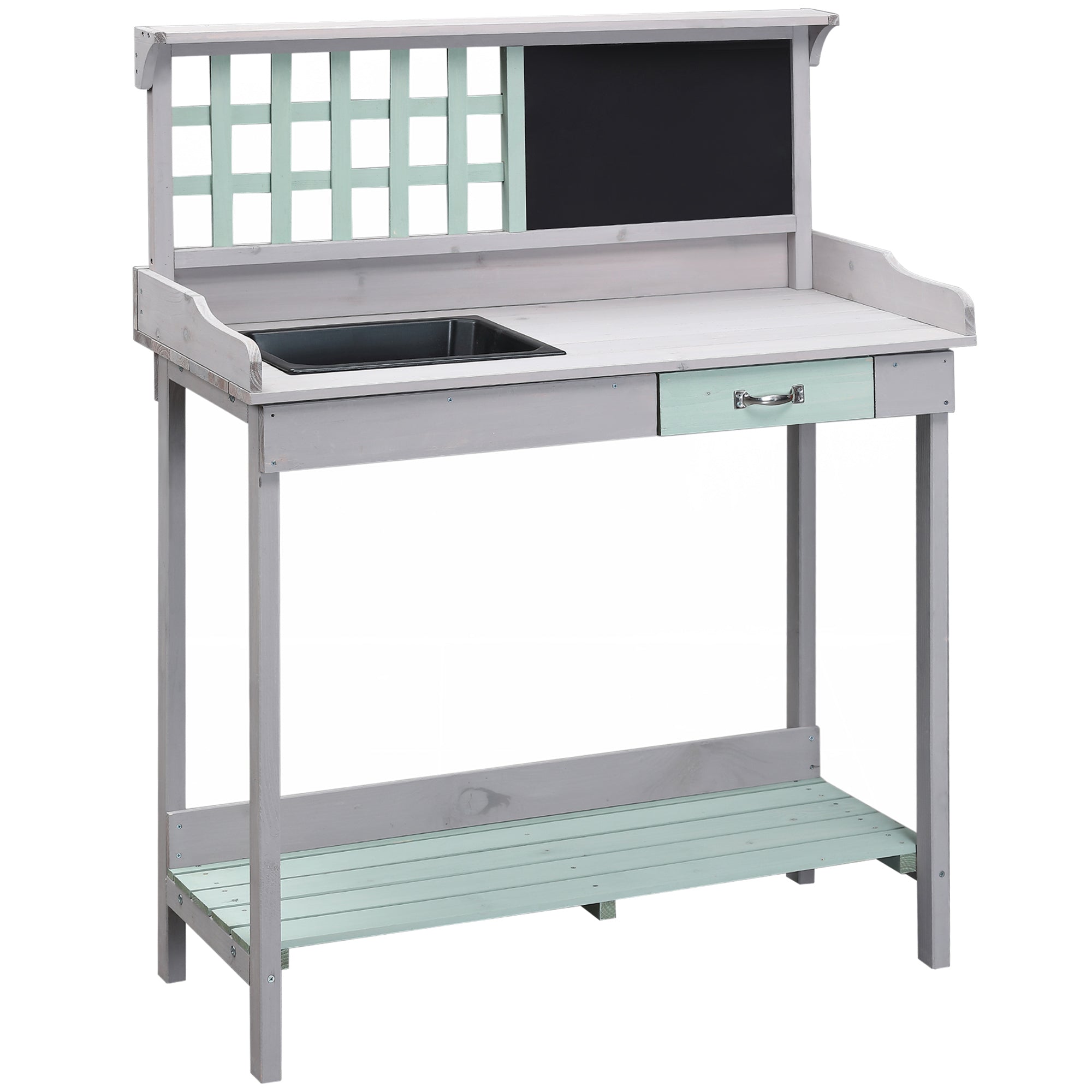 HOMCOM Garden Potting Table with Sink, Blackboard and Drawer, Wooden Planting Work Bench Workstation Outdoor Tool Storage Shelves - North Peak Garden Furniture
