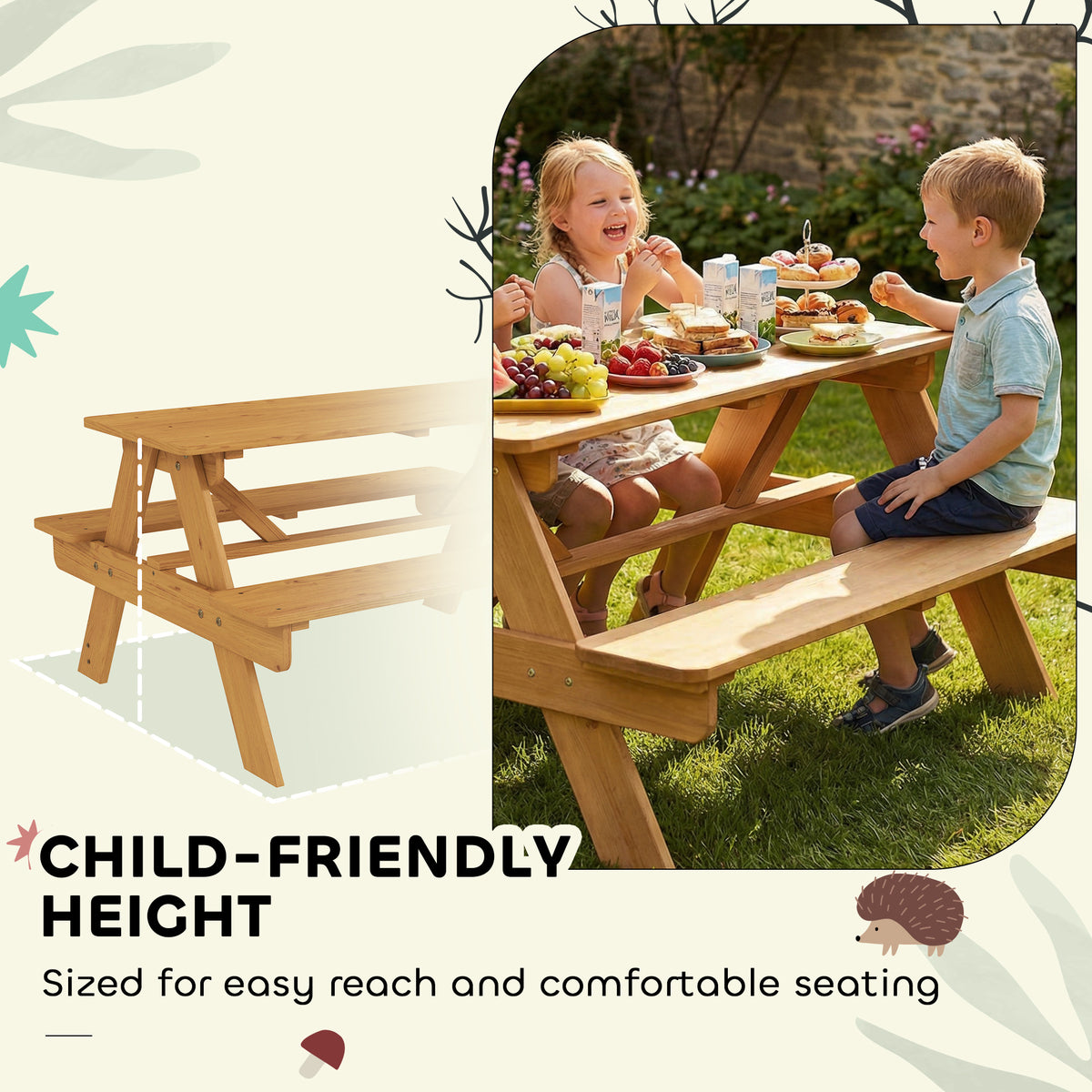 AIYAPLAY Kids Picnic Table for Outdoor Wooden Table & Bench Set with Integrated Benches Natural Wood
