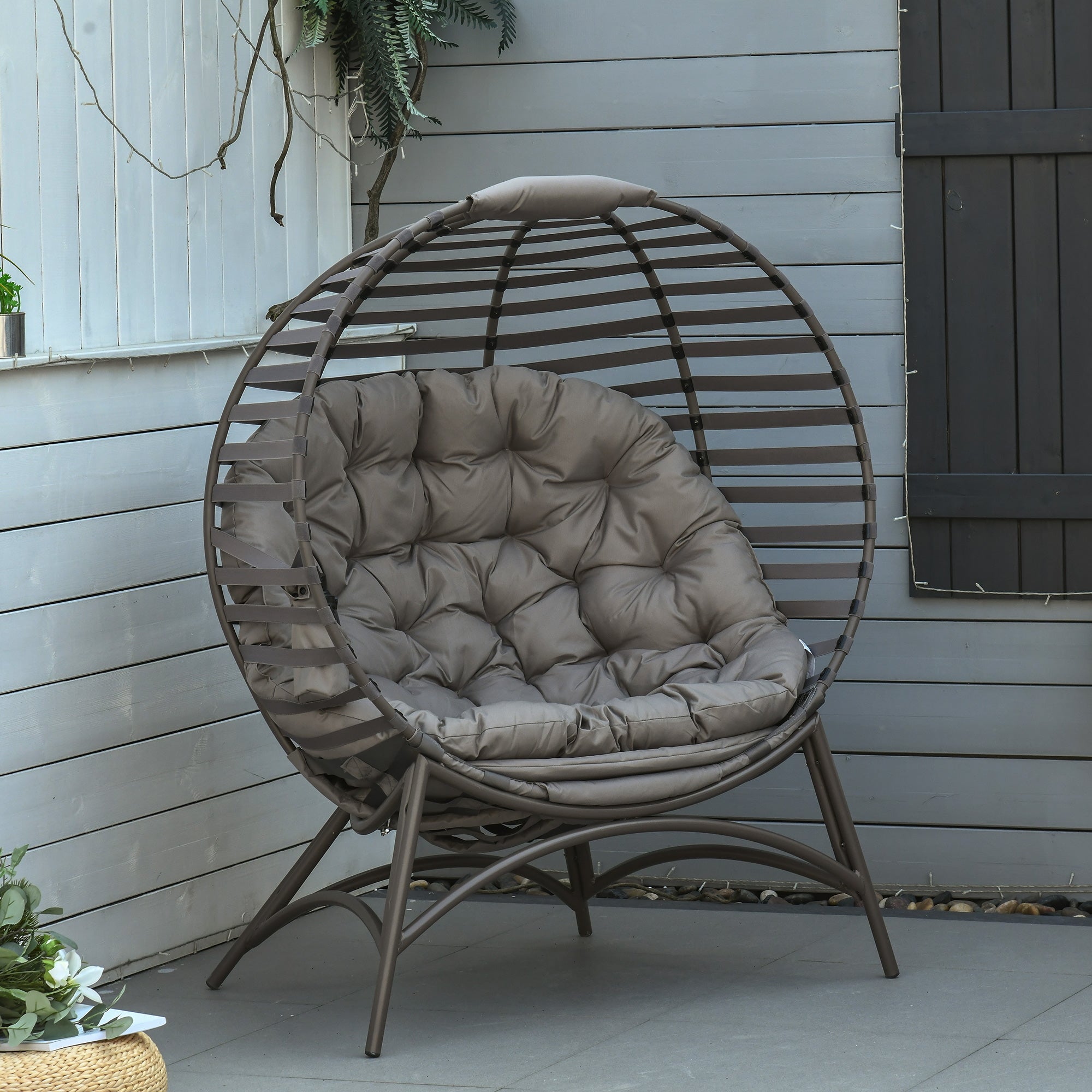 Outsunny Egg Chair with Soft Cushion, Steel Frame and Side Pocket, Garden Patio Basket Chair for Indoor, Outdoor, Brown - North Peak Garden Furniture