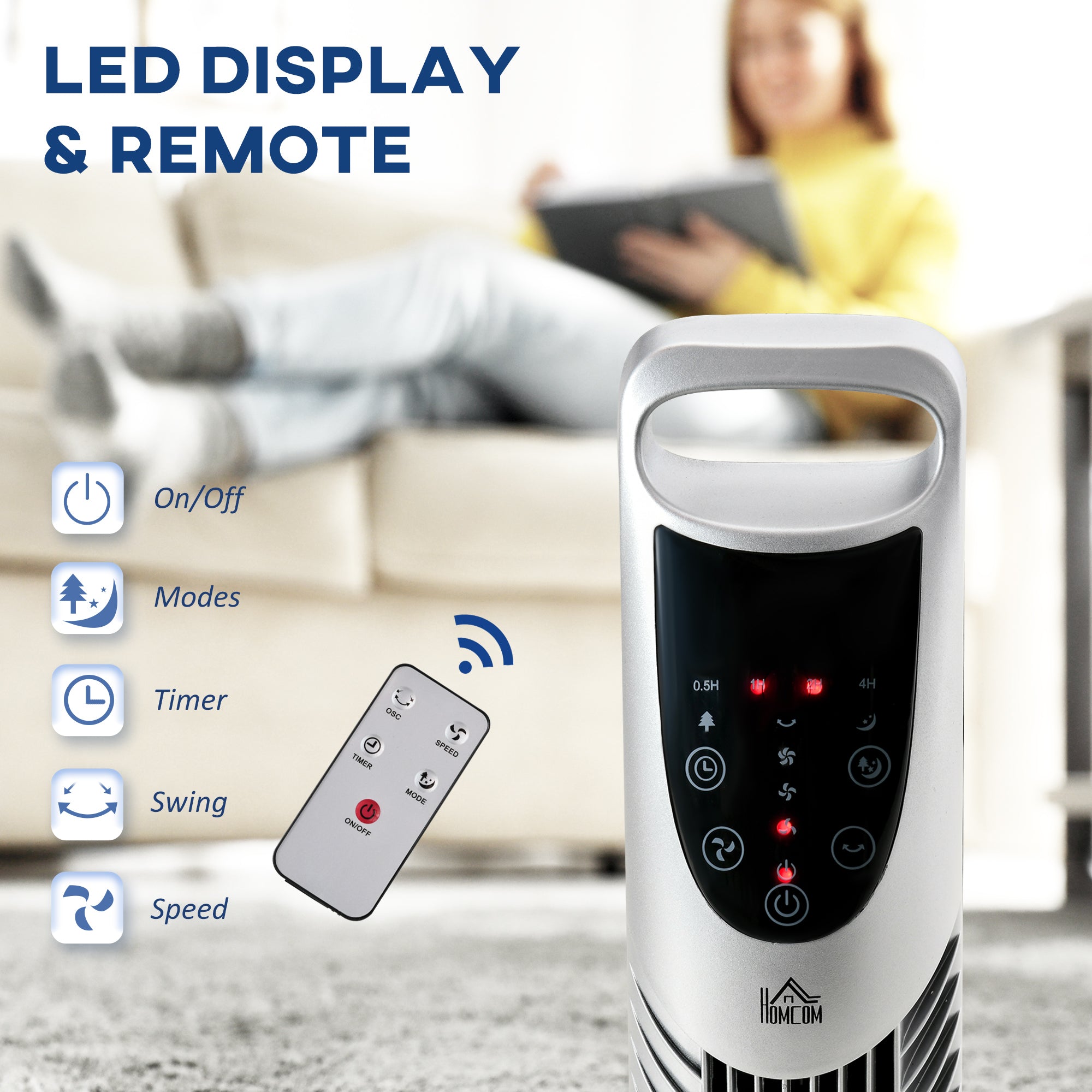 HOMCOM 36'' Freestanding Tower Fan, 3 Speed 3 Mode, 7.5h Timer, 70 Degree Oscillation, LED Panel, 5M Remote Controller, Silver - North Peak Garden Furniture