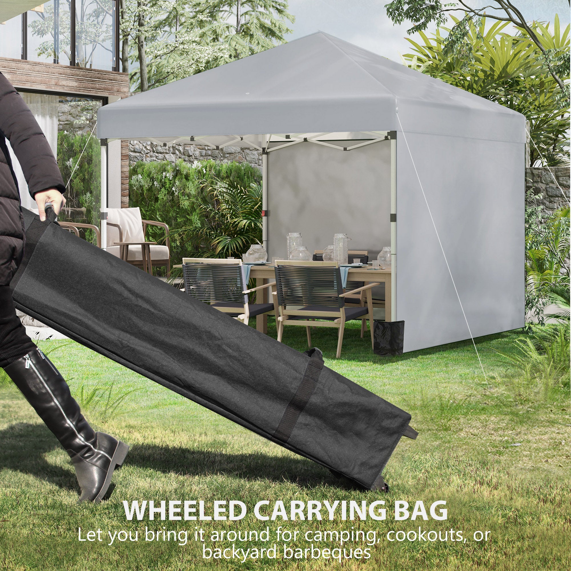 Outsunny 3 x 3 m Pop Up Gazebo, UPF 30+ Party Tent with 2 Sidewalls, Weight Bags and Wheeled Bag, Light Grey
