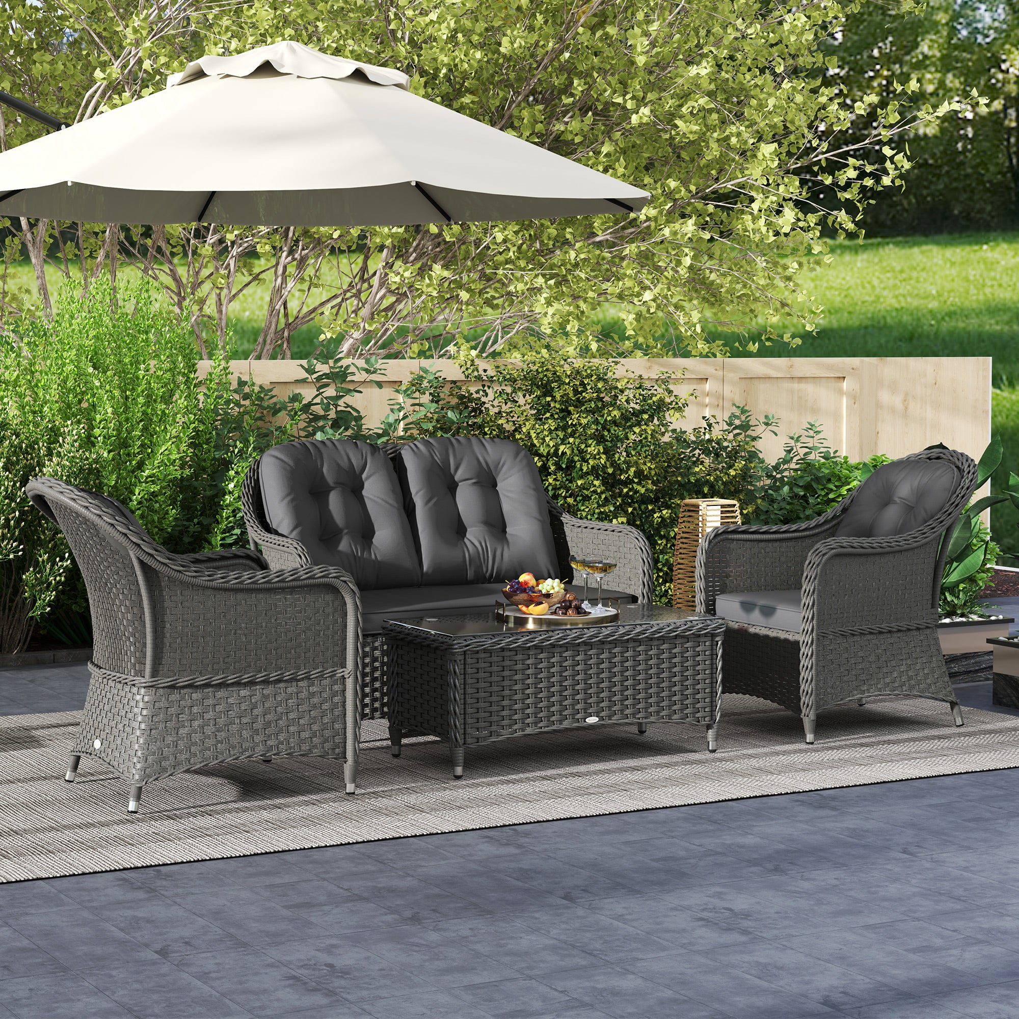 Outsunny Four-Piece Rattan Sofa Set, with Glass-Top Table - Light Grey - North Peak Garden Furniture
