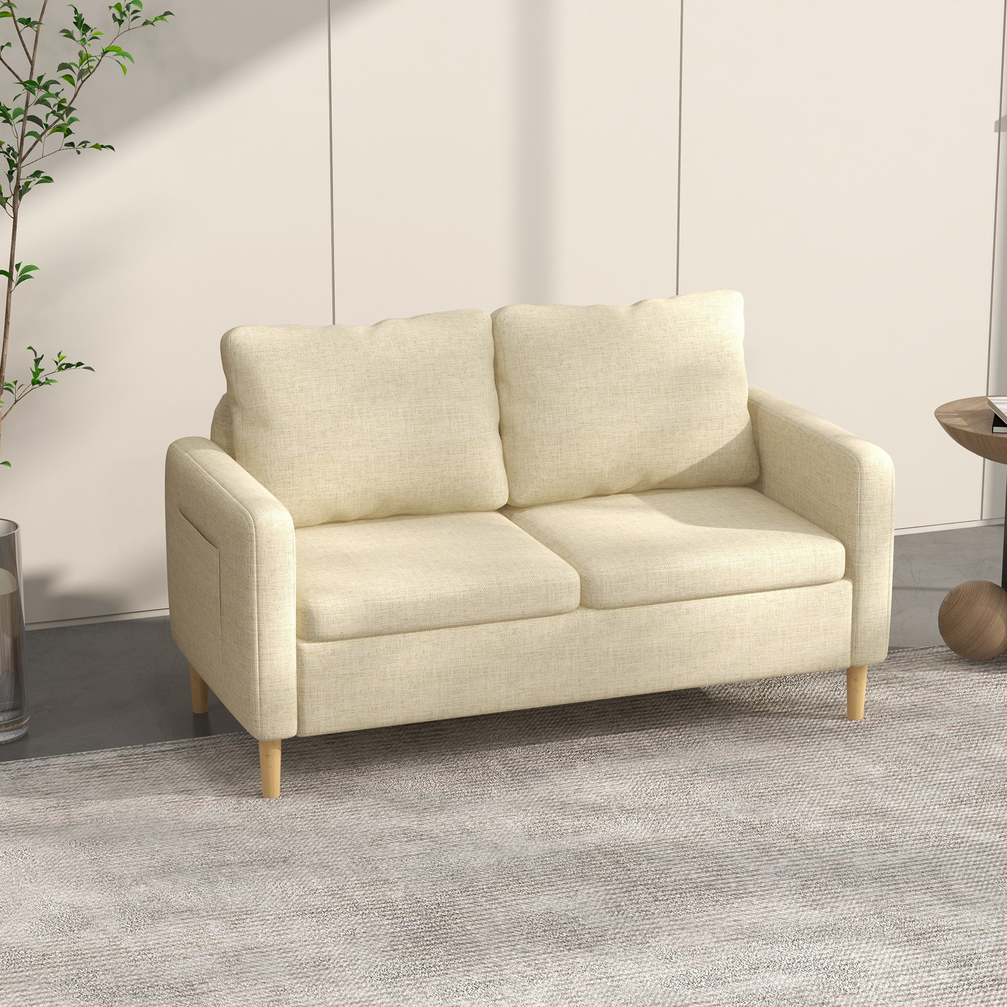 HOMCOM Two Seater Sofa for Living Room, Modern Fabric Couch with Wood Legs and 2 Pockets for Bedroom and Home Office, Beige - North Peak Garden Furniture