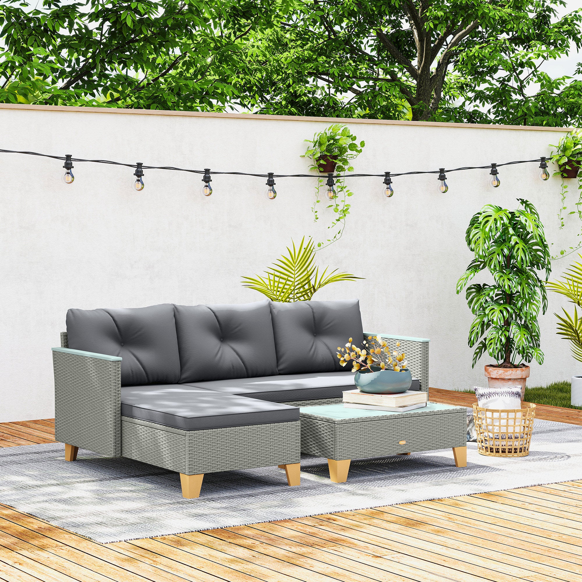 Outsunny 3 Pieces Rattan Garden Furniture Set, L Shaped Garden Conversation Chaise Lounge Furniture with Wood Top Coffee Table and Thick Cushions, Charcoal Grey - North Peak Garden Furniture
