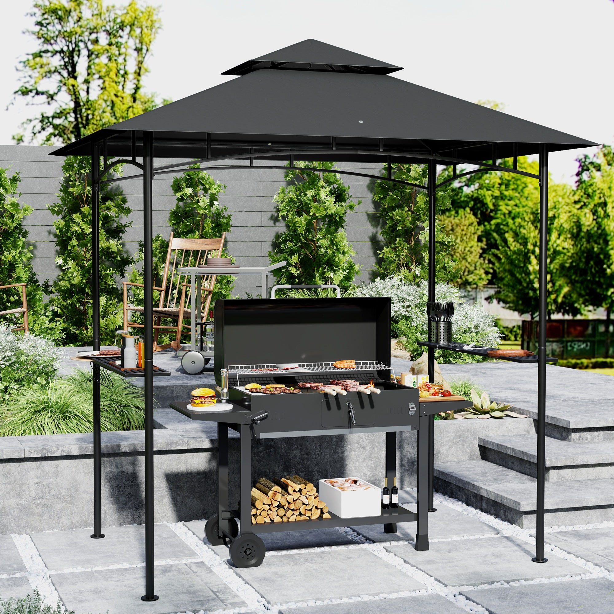 Outsunny 8' x 5' Grill Gazebo, Double Tiered BBQ Gazebo Shelter Canopy with LED Lights, 2 Side Shelves, Hooks, Dark Grey - North Peak Garden Furniture