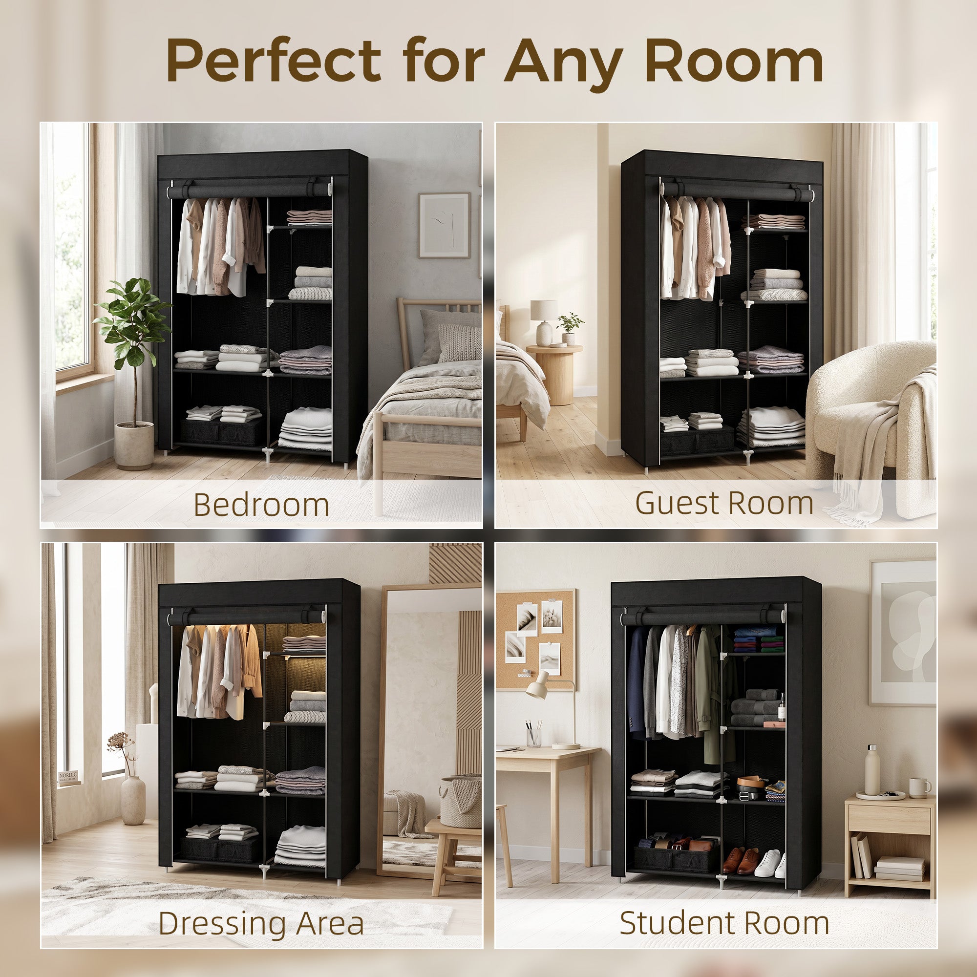 HOMCOM Fabric Wardrobe, Portable Wardrobe with 6 Shelves, 1 Hanging Rail, Foldable Closets, 103 x 43 x 162.5 cm, Black