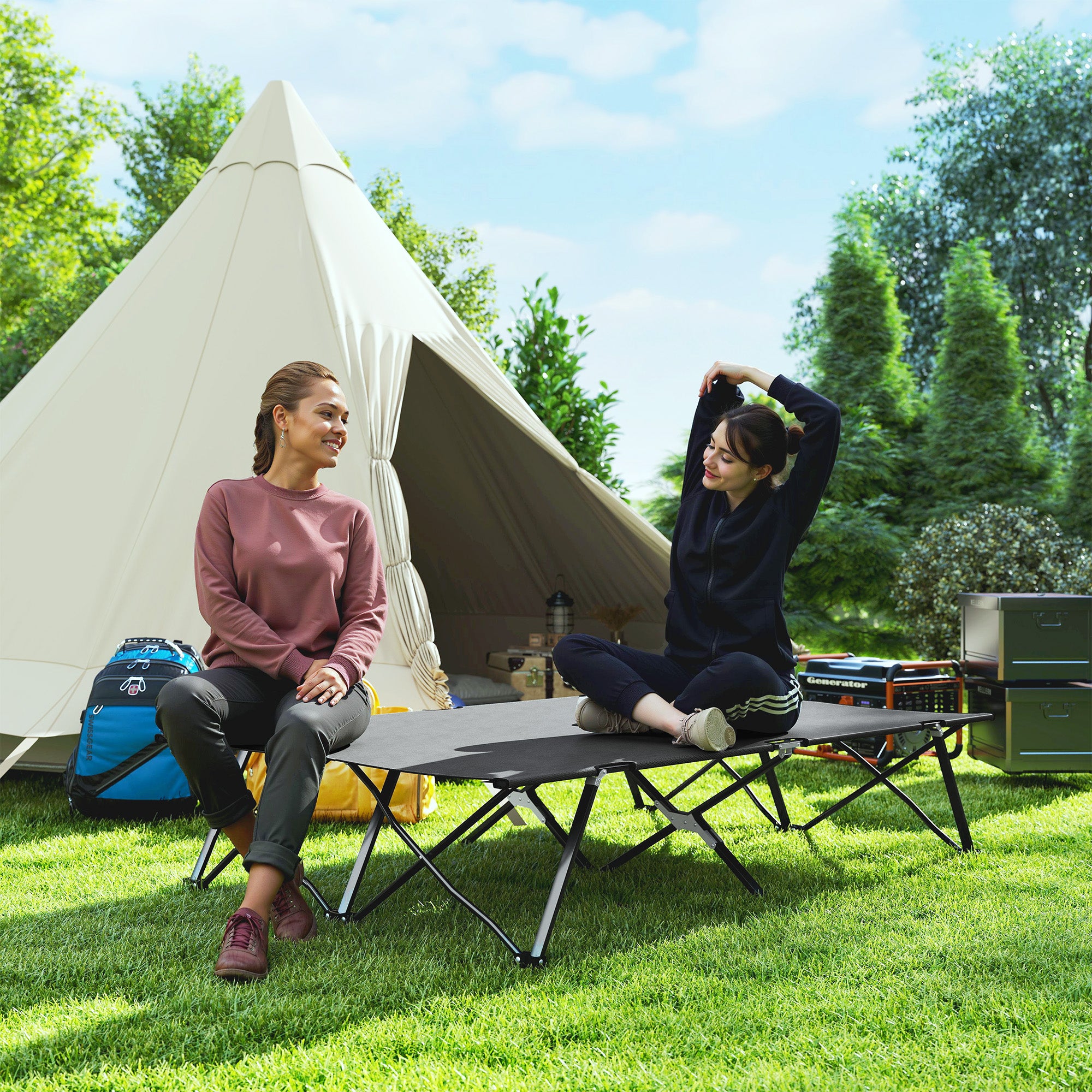 Outsunny Double Camping Cot Bed, with Bag - Charcoal Grey - North Peak Garden Furniture