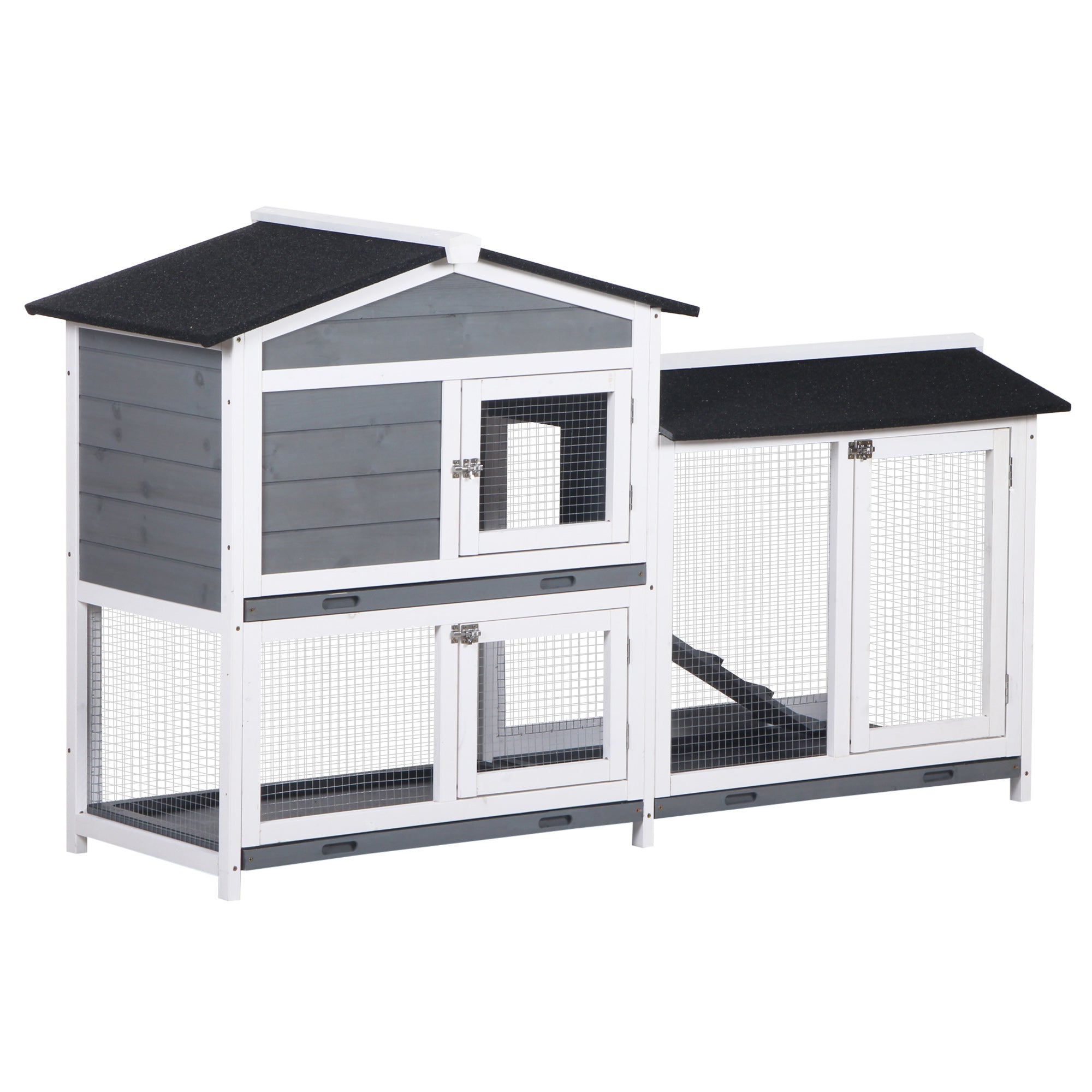 PawHut Wooden 2-Tier Rabbit Hutch w/ Tray Ramp Grey - North Peak Garden Furniture
