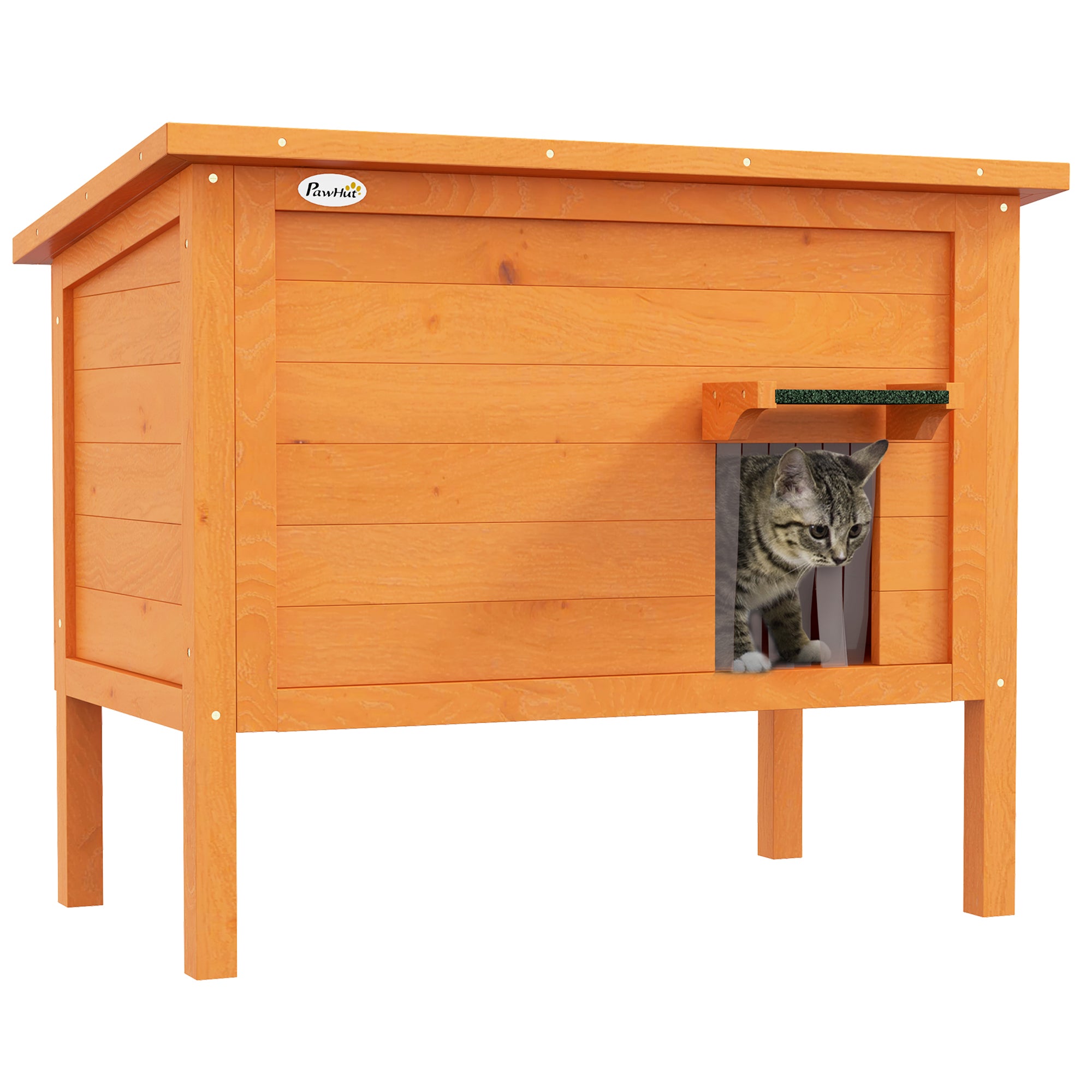 PawHut Feral Cat House, Wooden Insulated with Removable Floor, Water-Resistant Openable Roof - Orange - North Peak Garden Furniture