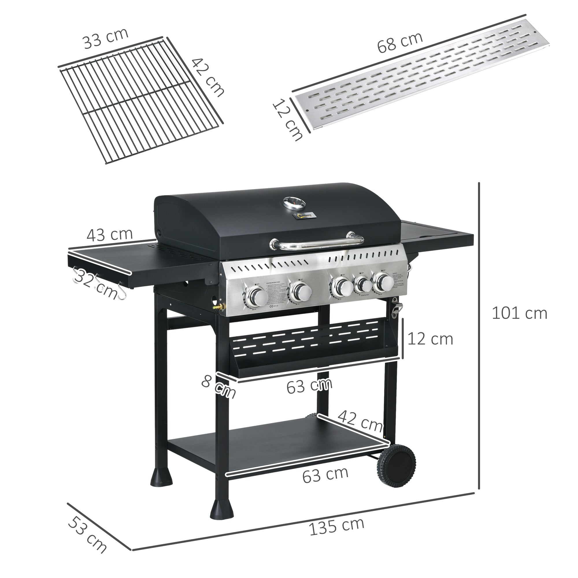 Outsunny Five-Burner Steel Gas Grill, with Thermometer - Black - North Peak Garden Furniture
