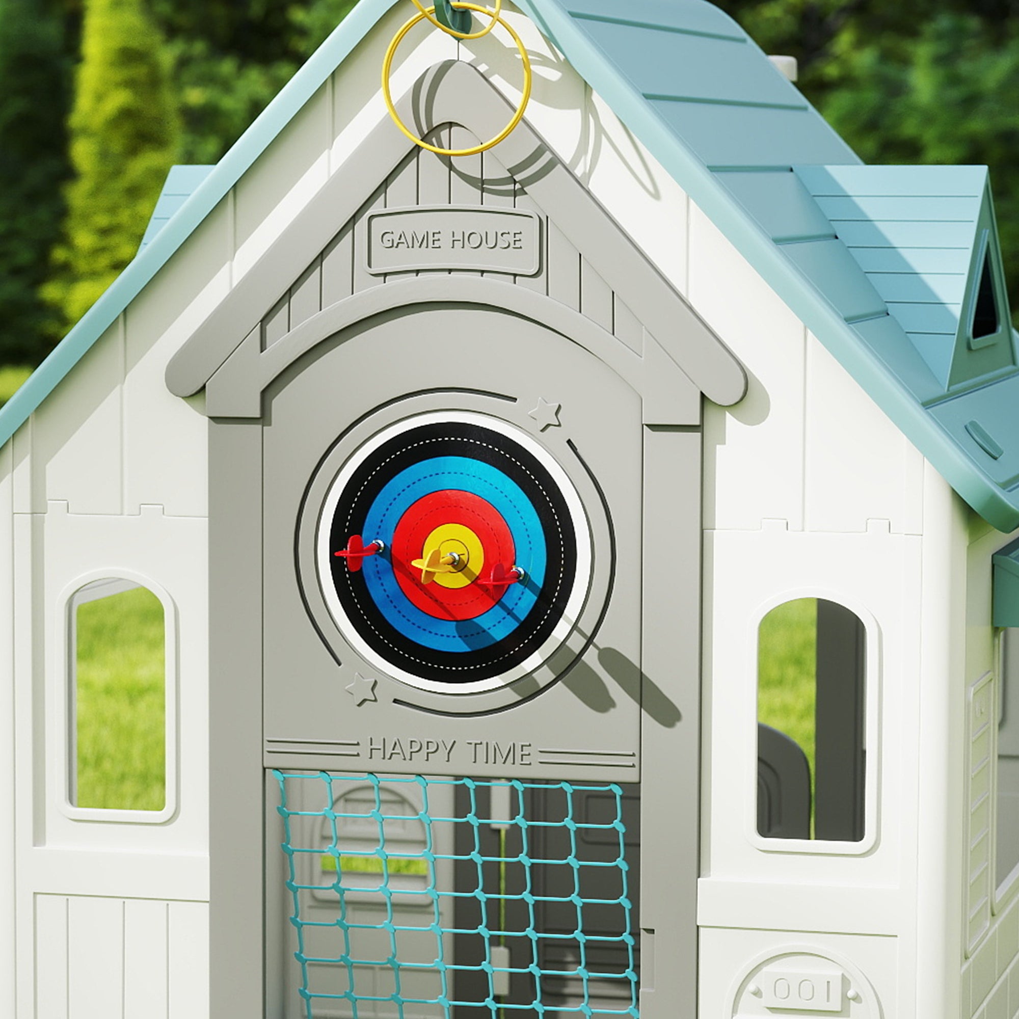 AIYAPLAY 5-in-1 Playhouse for Kids Outdoor Indoor with Basketball Hoop, Football Goal, Dartboard, Ring Toss for 2-5 Years, Beige