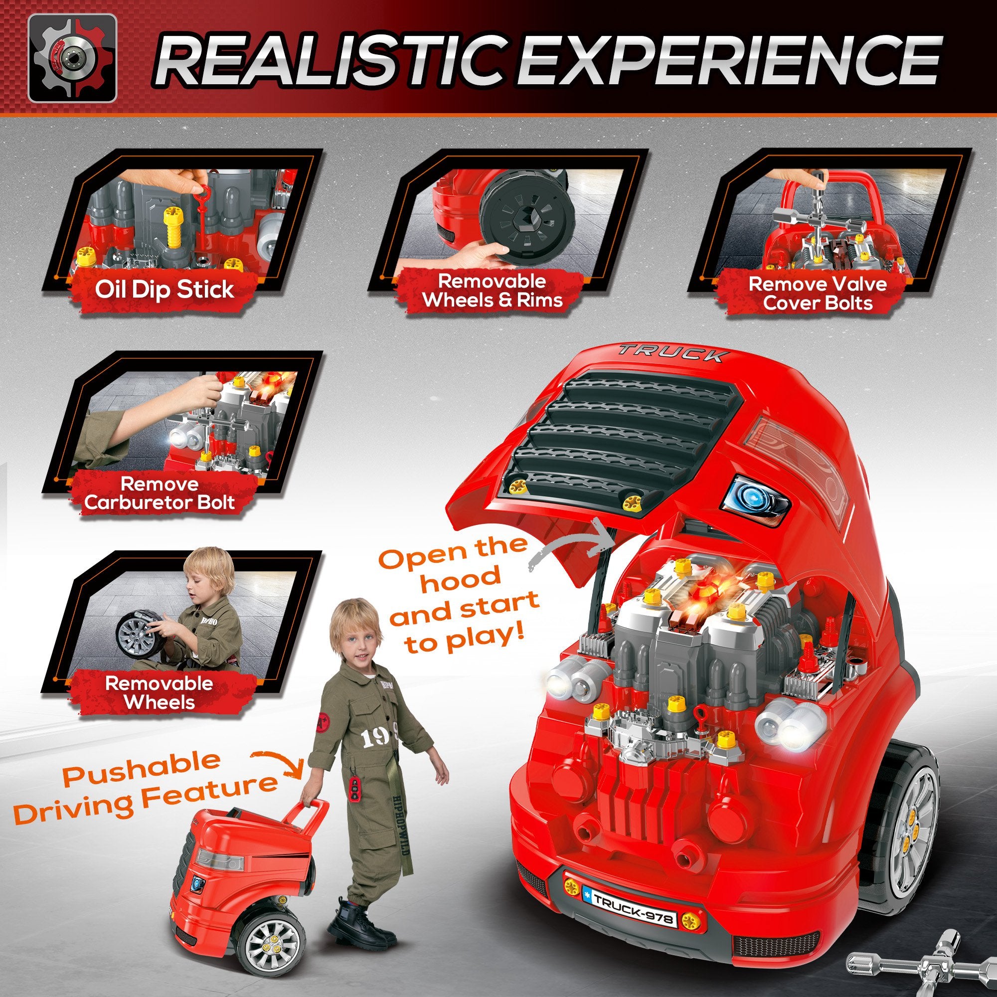 HOMCOM Kids Truck Engine Toy Set, Toddler Educational Car Service Station Playset, Take Apart Workshop, w/ RC Car Key, Steering wheel, Horn, Light, for 3-5 Years Old Red - North Peak Garden Furniture