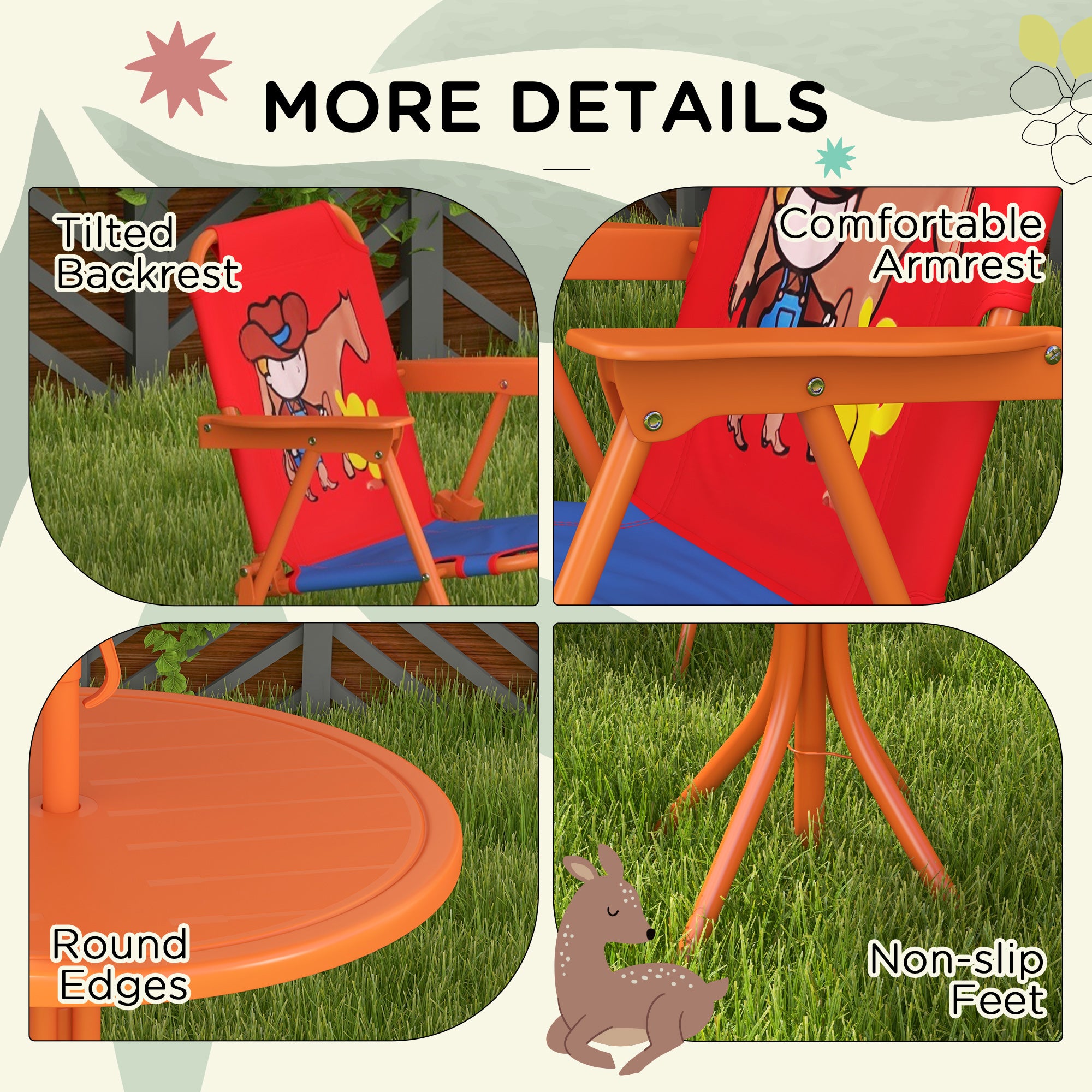 Outsunny Kids Picnic Table and Chair Set, Cowboy Themed Outdoor Garden Furniture w/ Foldable Chairs, Adjustable Parasol - North Peak Garden Furniture