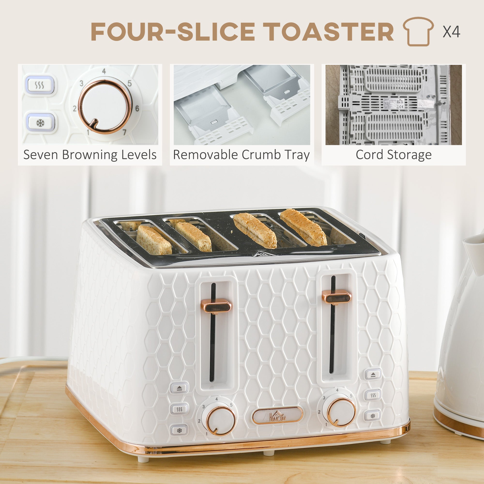 HOMCOM 1.7L 3000W Fast Boil Kettle & 4 Slice Toaster Set, Kettle and Toaster Set with 7 Browning Controls, Crumb Tray, White - North Peak Garden Furniture