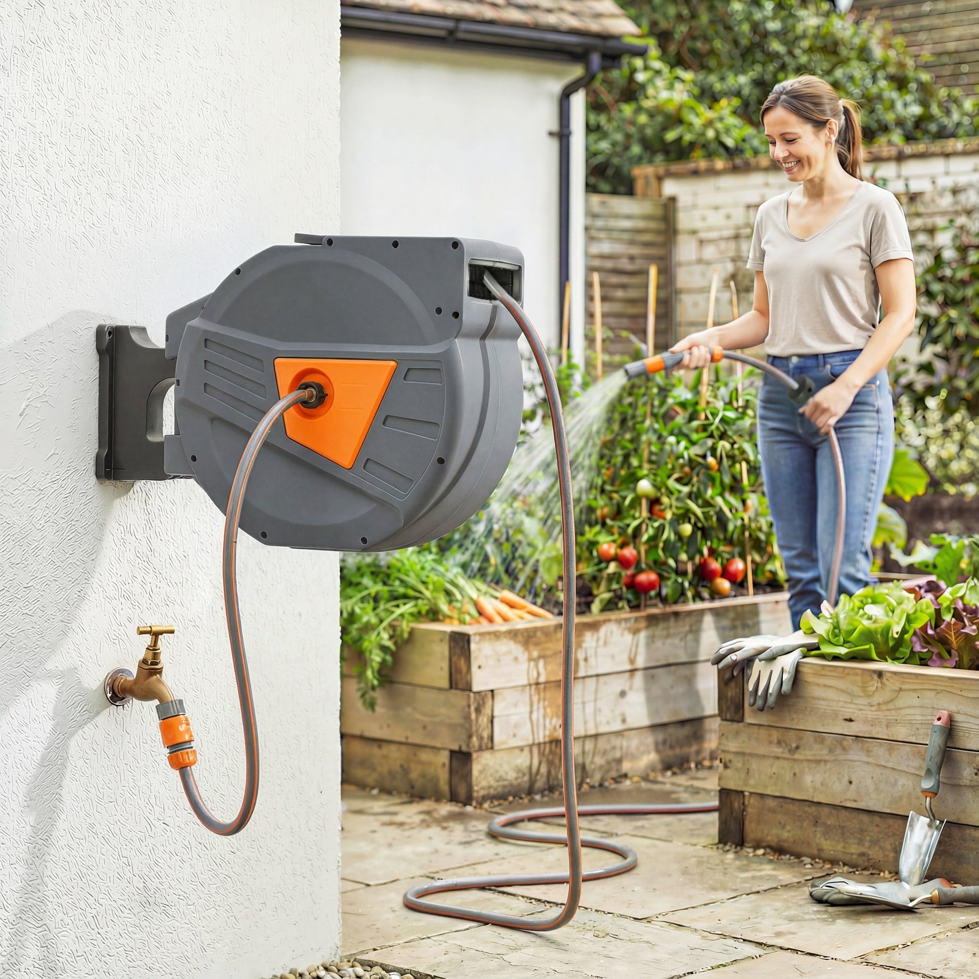Outsunny Retractable Hose Reel Wall Mounted, 40+2m Garden Hose Pipe Reel with Auto Retraction, Self-Locking, Orange