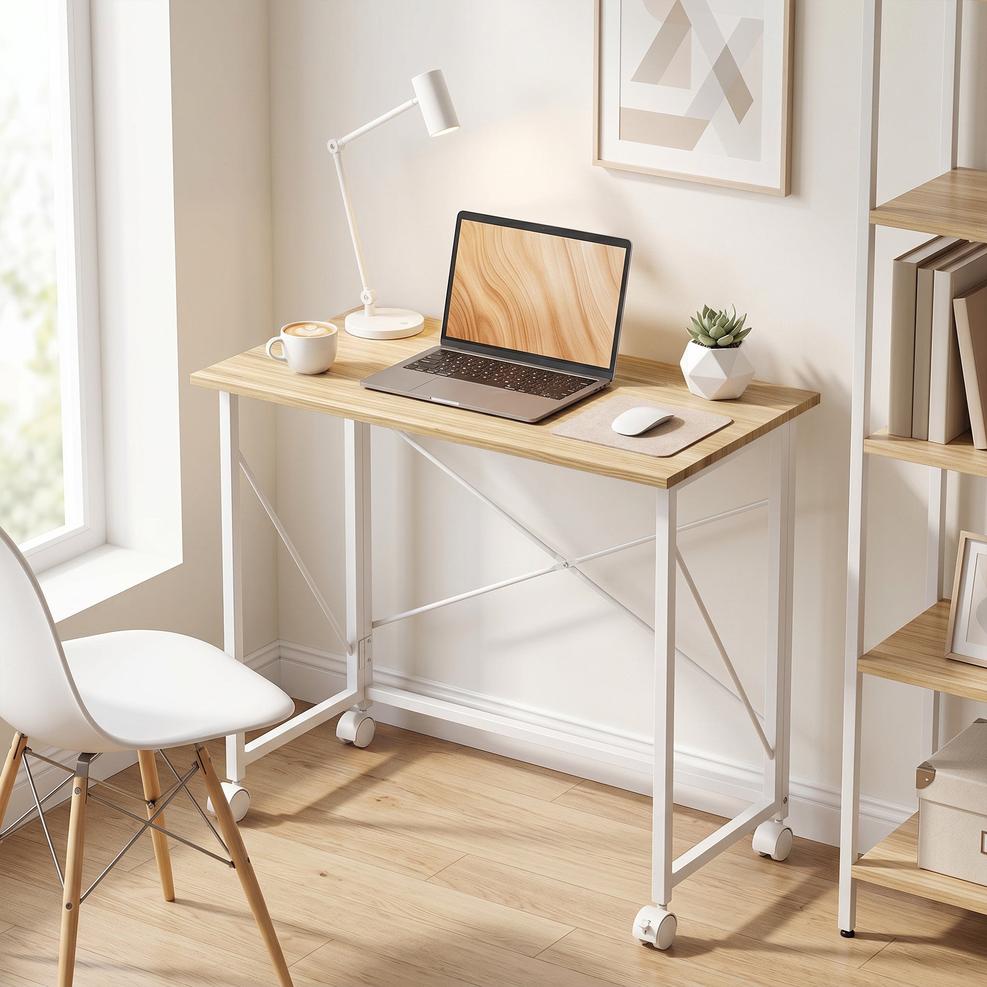 HOMCOM 80 cm Folding Desk on Wheels - Natural Tone