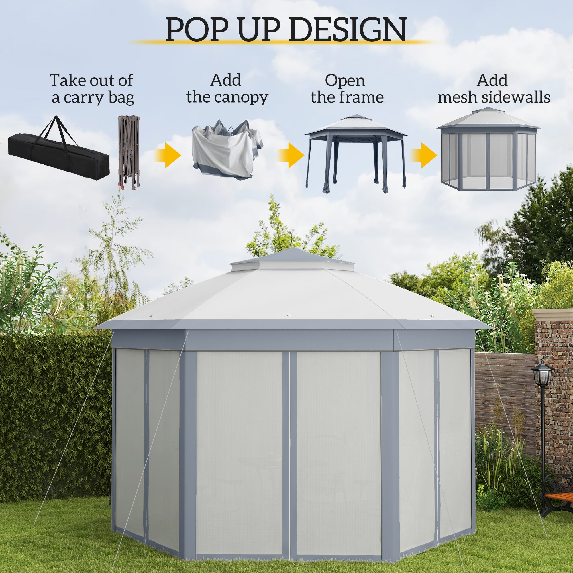 Outsunny 3 x 4m Metal Frame Hexagon Gazebo, with Curtains - Grey - North Peak Garden Furniture
