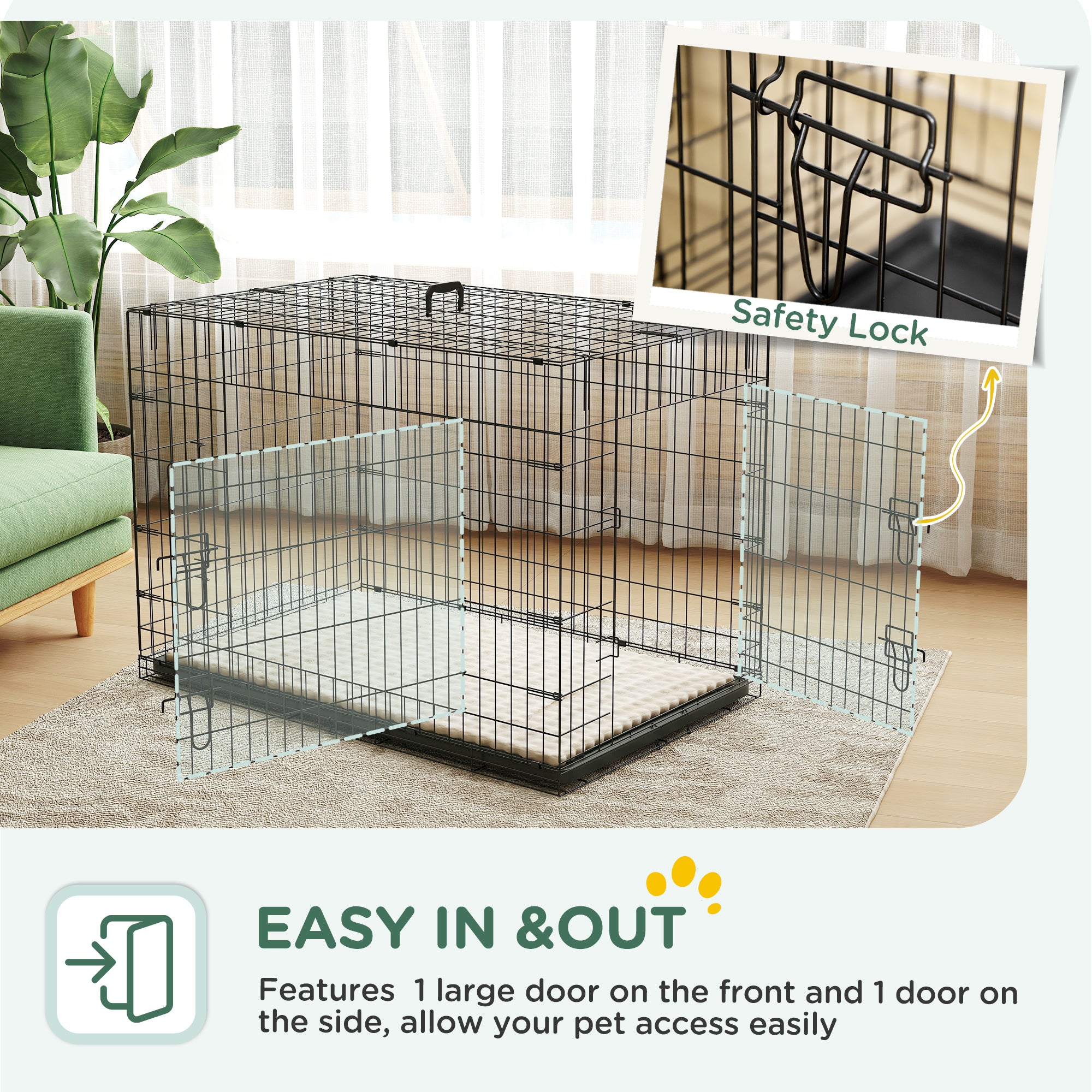 PawHut Dog Crate with 2 Doors with Tray, Soft Cushion, Foldable Metal Dog Cage for Extra and Large Dogs, 105 x 70 x 75, Black - North Peak Garden Furniture